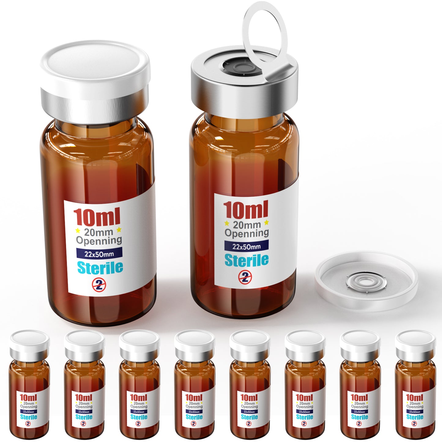 Sterile Empty Vial Sealing with 20mm Self Healing Injection Port and Burr-Free Flip Off Plastics Aluminum Cap, Glass Lab Sample Vial for Sterile Storage ,Package,10pcs