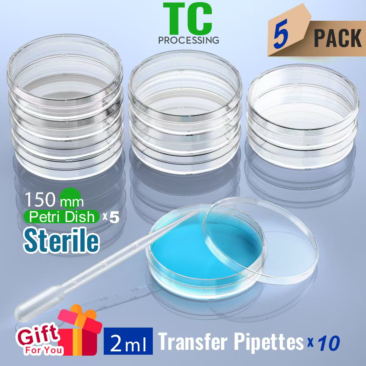 sterile Petri Dish with Lid 150mm, with 2ml Plastic Transfer Pipettes individual package by Ks-Tek 5/Pack