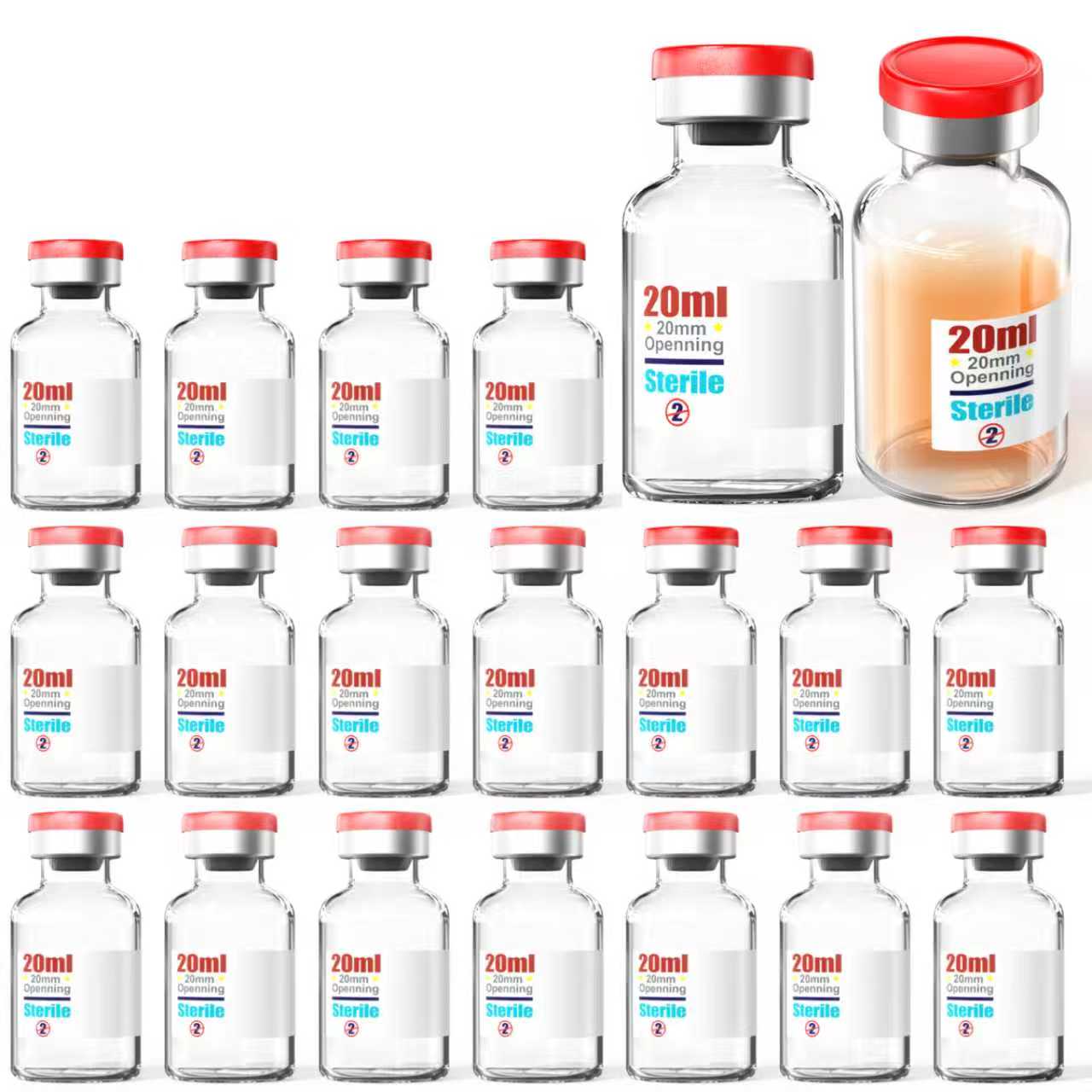 20ml sterile clear vials with rubber stopper and red aluminum-plastic cap,sealed vials