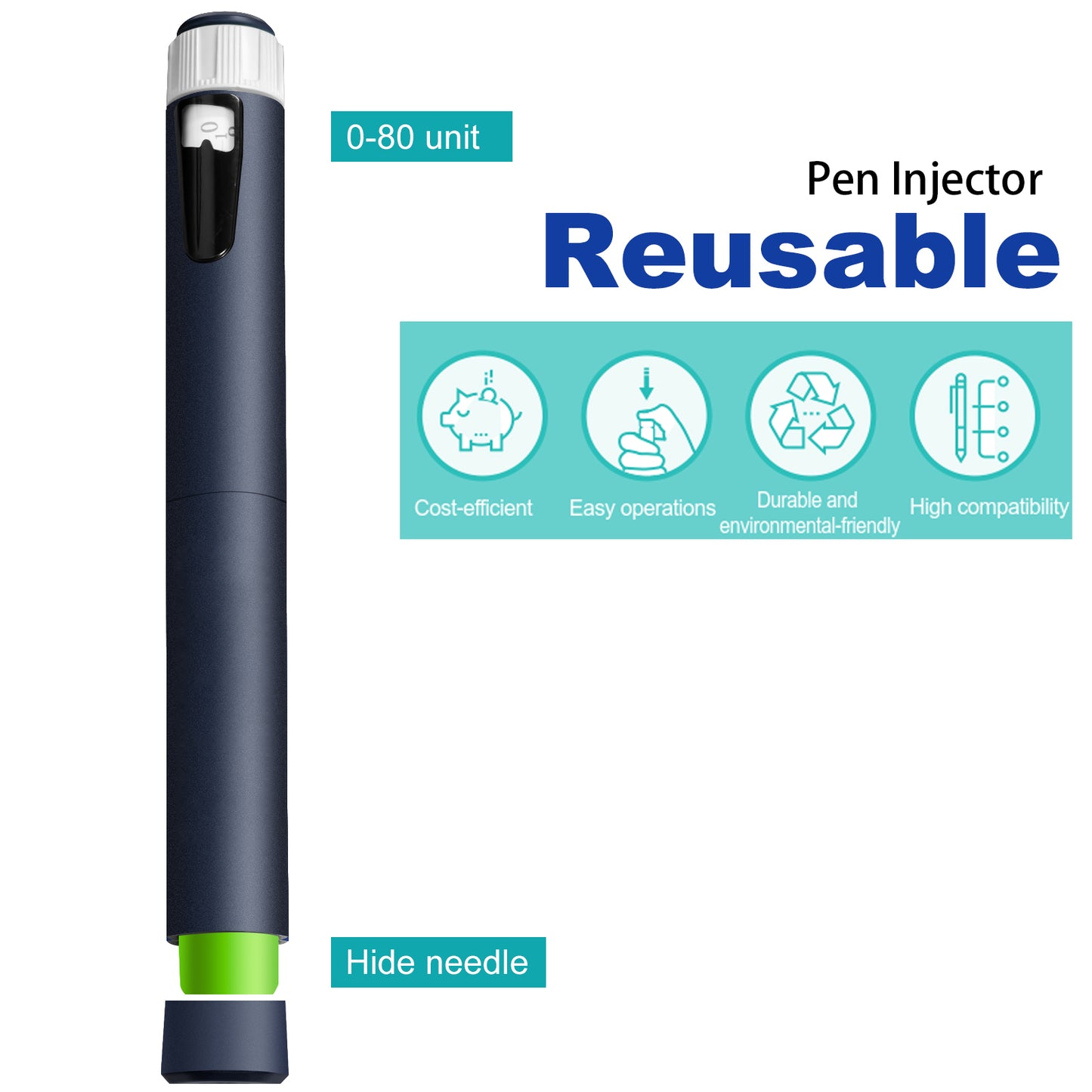 Personal Reusable Pen Injector, Portable 80 Units Insulin Pen,Dark Blue