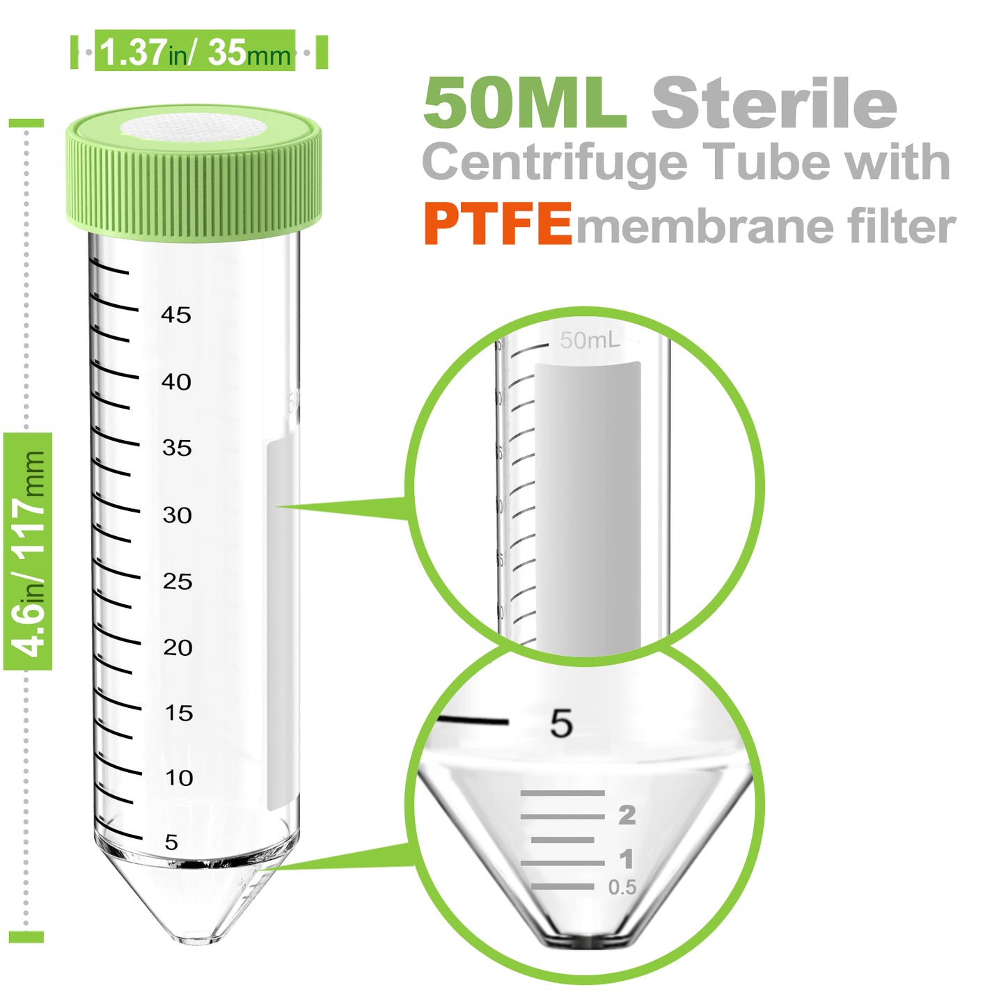 50ml Sterile Centrifuge Tubes with 20mm 0.22um PTFE Filter Membrane Screw Cap, Plastics Conical Tubes for Gas Exchange,Individually Sterilized Package,8pcs