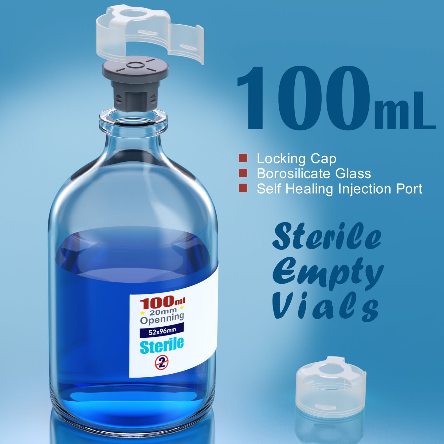 Sterile glass vials with locking cap and 13/20 mm Self Healing Injection Port,Buckle Borosilicate Glass vials Individually sterilized package