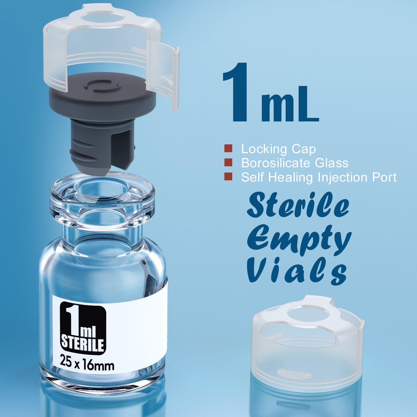 Sterile glass vials with locking cap and 13/20 mm Self Healing Injection Port,Buckle Borosilicate Glass vials Individually sterilized package