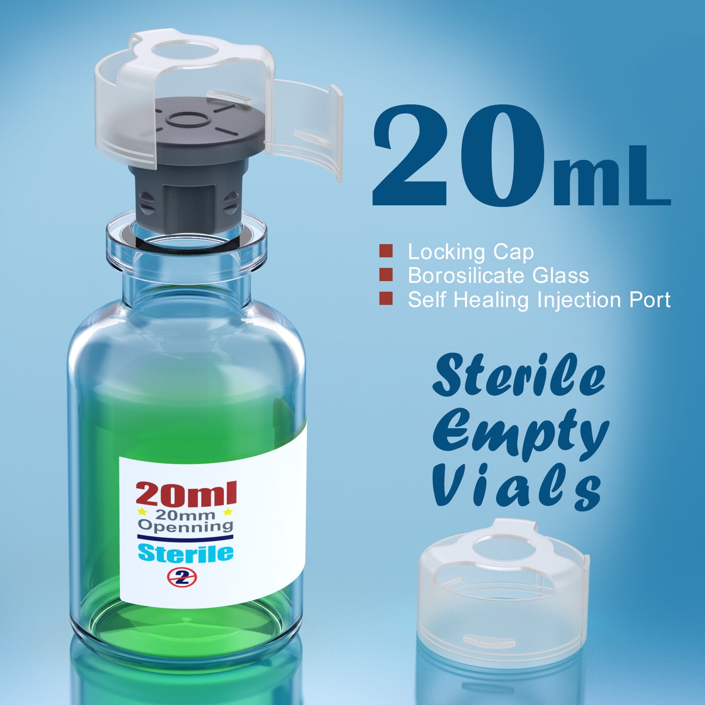 Sterile glass vials with locking cap and 13/20 mm Self Healing Injection Port,Buckle Borosilicate Glass vials Individually sterilized package