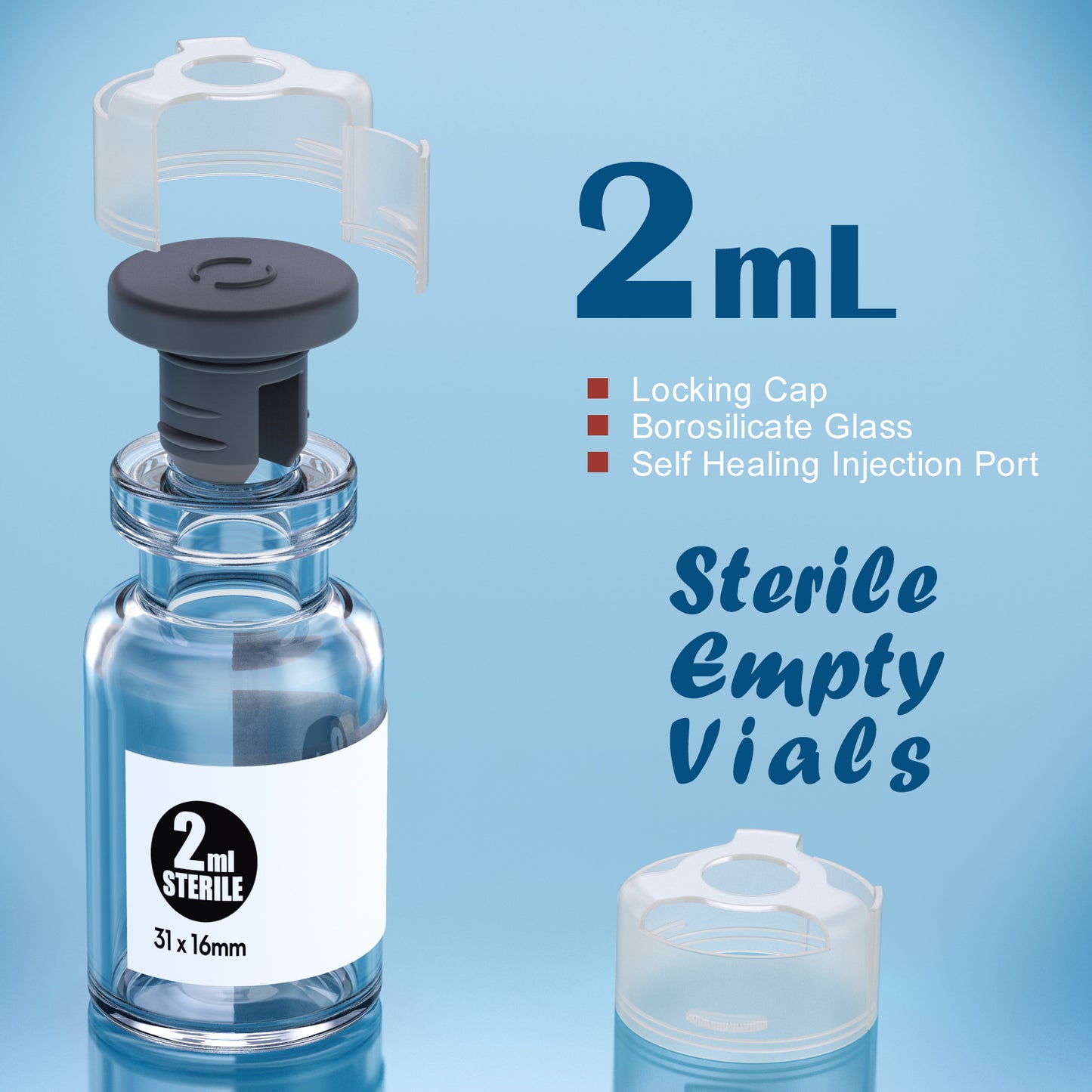 Sterile glass vials with locking cap and 13/20 mm Self Healing Injection Port,Buckle Borosilicate Glass vials Individually sterilized package