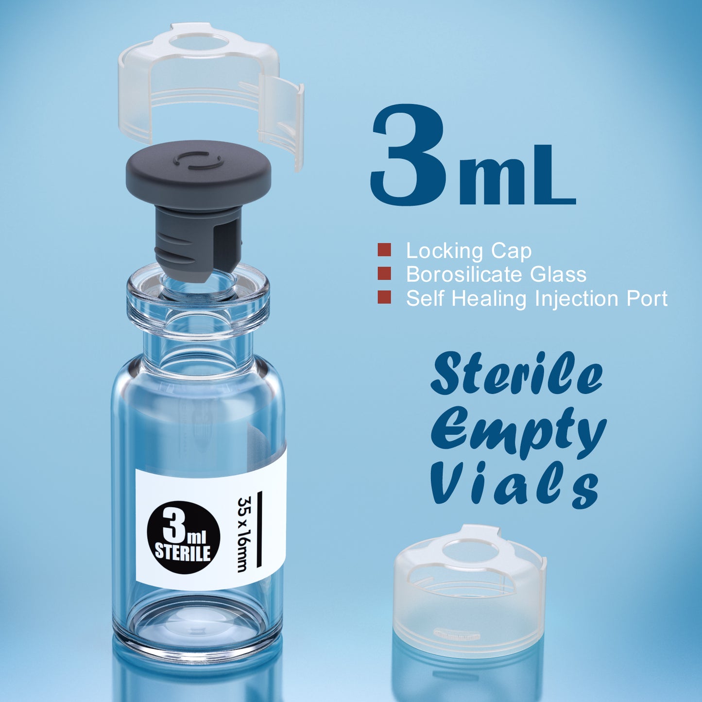 Sterile glass vials with locking cap and 13/20 mm Self Healing Injection Port,Buckle Borosilicate Glass vials Individually sterilized package