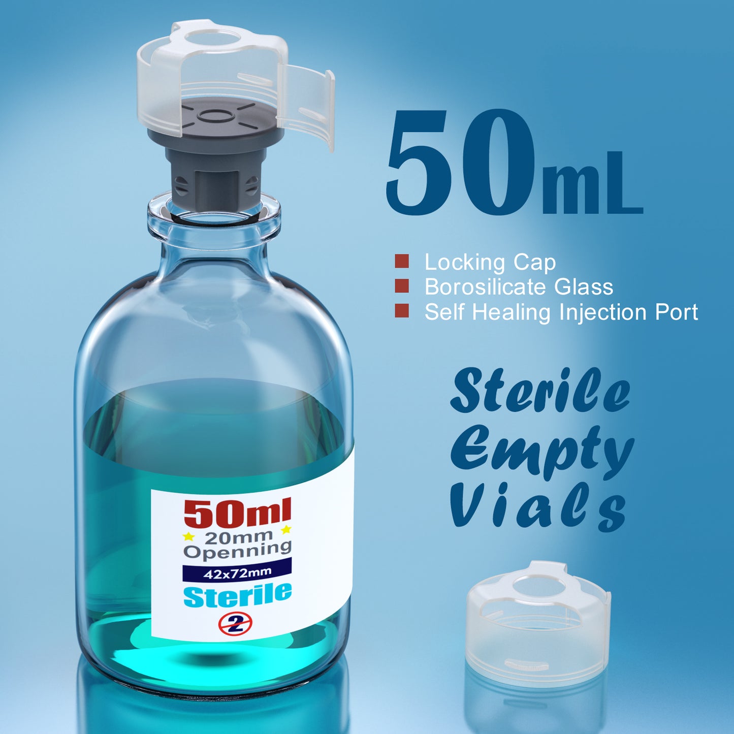 Sterile glass vials with locking cap and 13/20 mm Self Healing Injection Port,Buckle Borosilicate Glass vials Individually sterilized package
