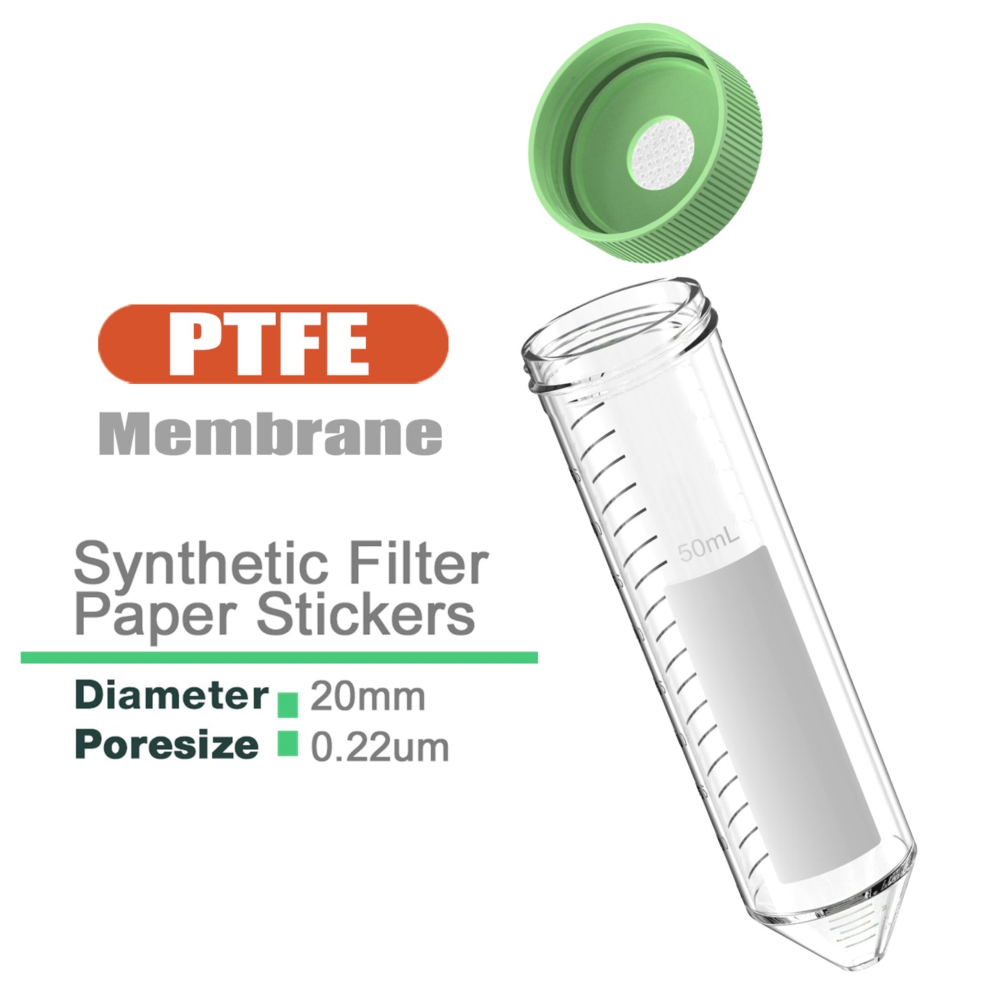 50ml Sterile Centrifuge Tubes with 20mm 0.22um PTFE Filter Membrane Screw Cap, Plastics Conical Tubes for Gas Exchange,Individually Sterilized Package,8pcs