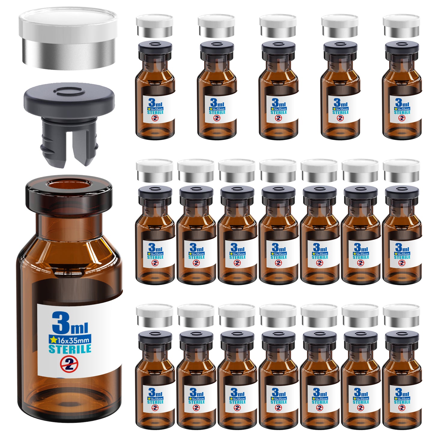 Sterile Glass Vials With Separate Rubber Stopper and Cap Need to Crimped With Pliers sterile Packaged 20pcs