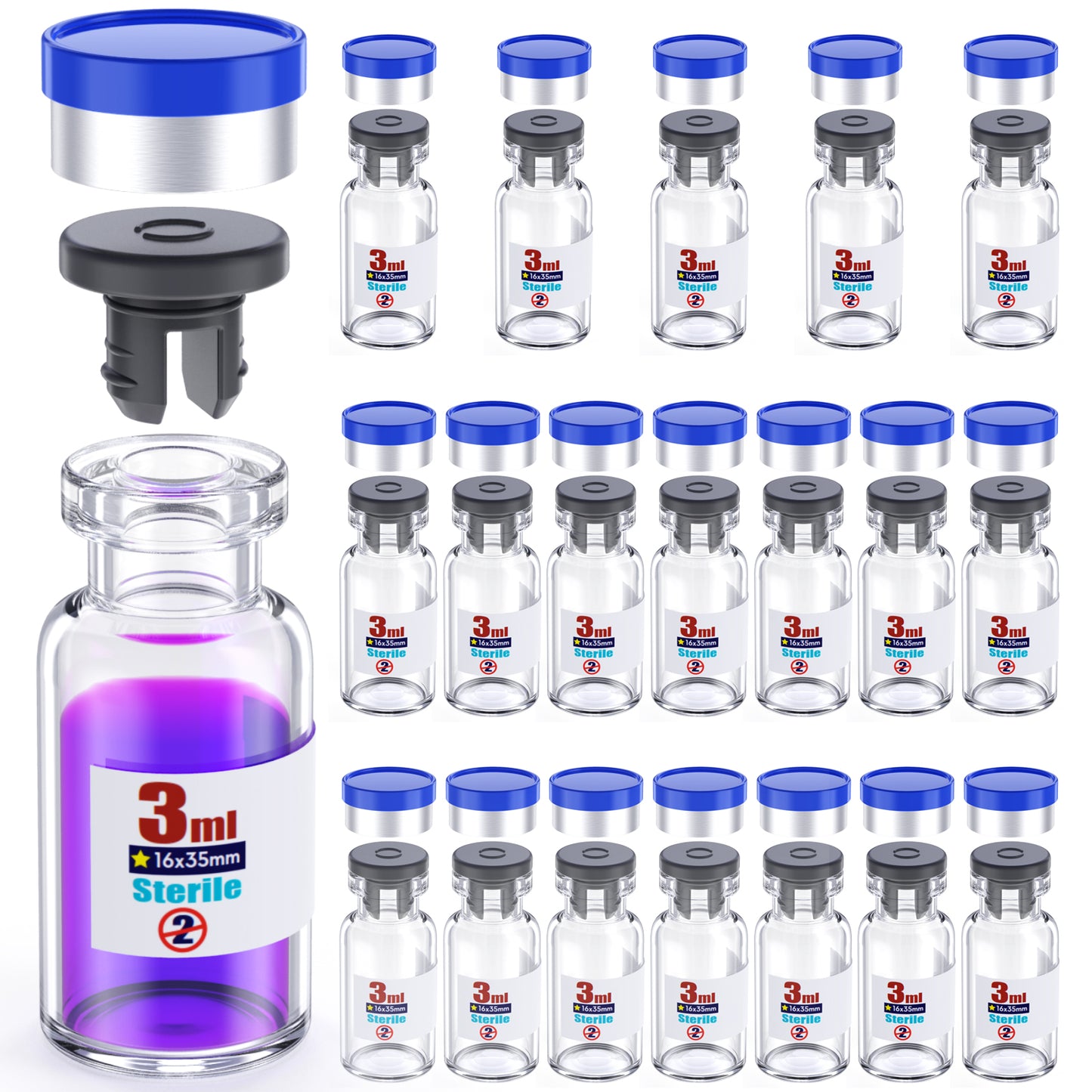 Sterile Glass Vials With Separate Rubber Stopper and Cap Need to Crimped With Pliers sterile Packaged 20pcs
