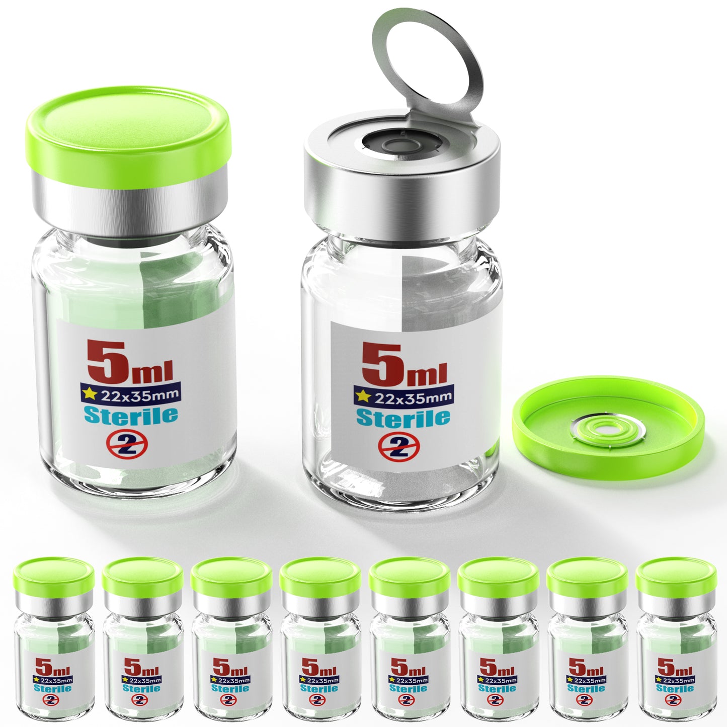 Sterile Empty Vial Sealing with 20mm Self Healing Injection Port and Burr-Free Flip Off Plastics Aluminum Cap, Glass Lab Sample Vial for Sterile Storage ,Package,10pcs