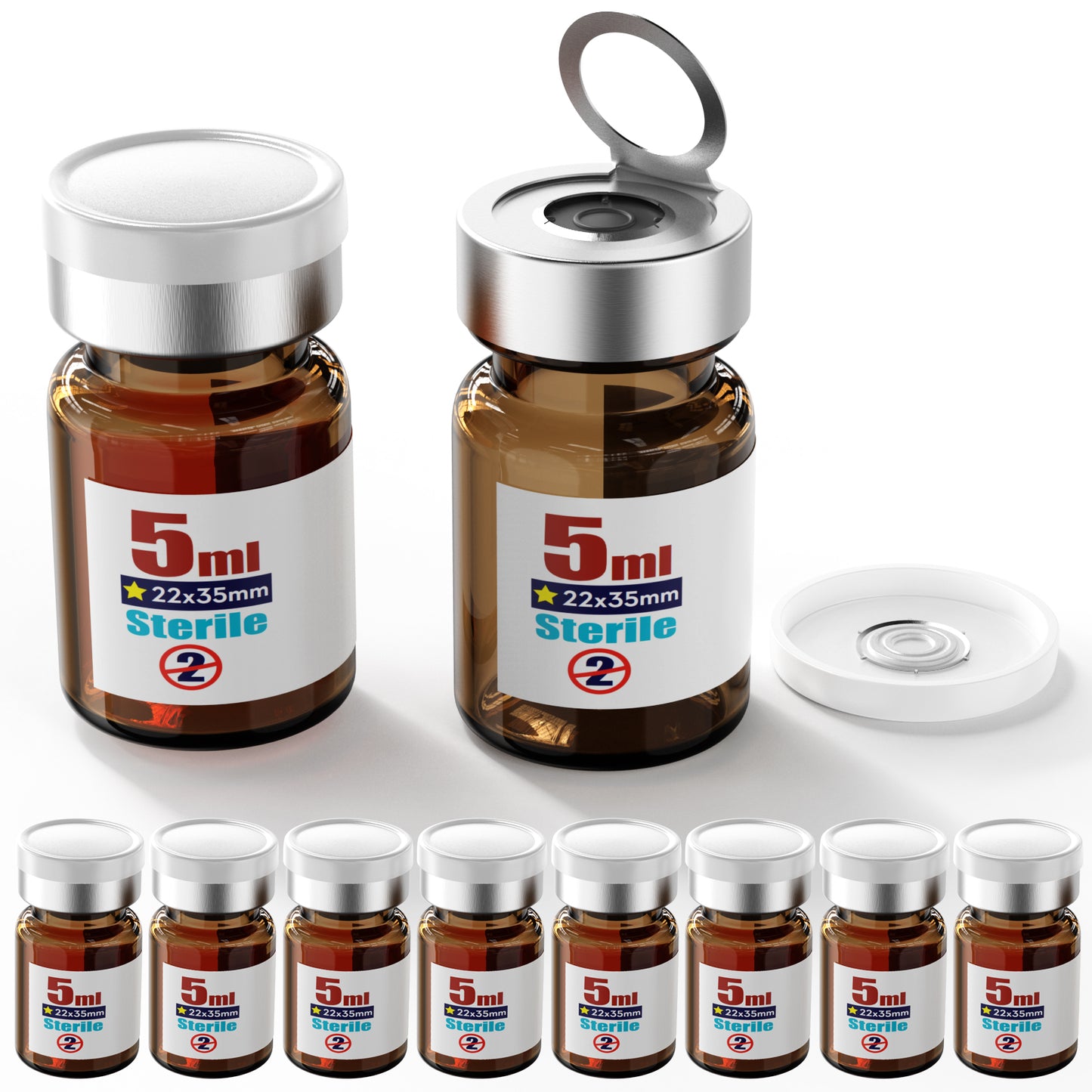 Sterile Empty Vial Sealing with 20mm Self Healing Injection Port and Burr-Free Flip Off Plastics Aluminum Cap, Glass Lab Sample Vial for Sterile Storage ,Package,10pcs