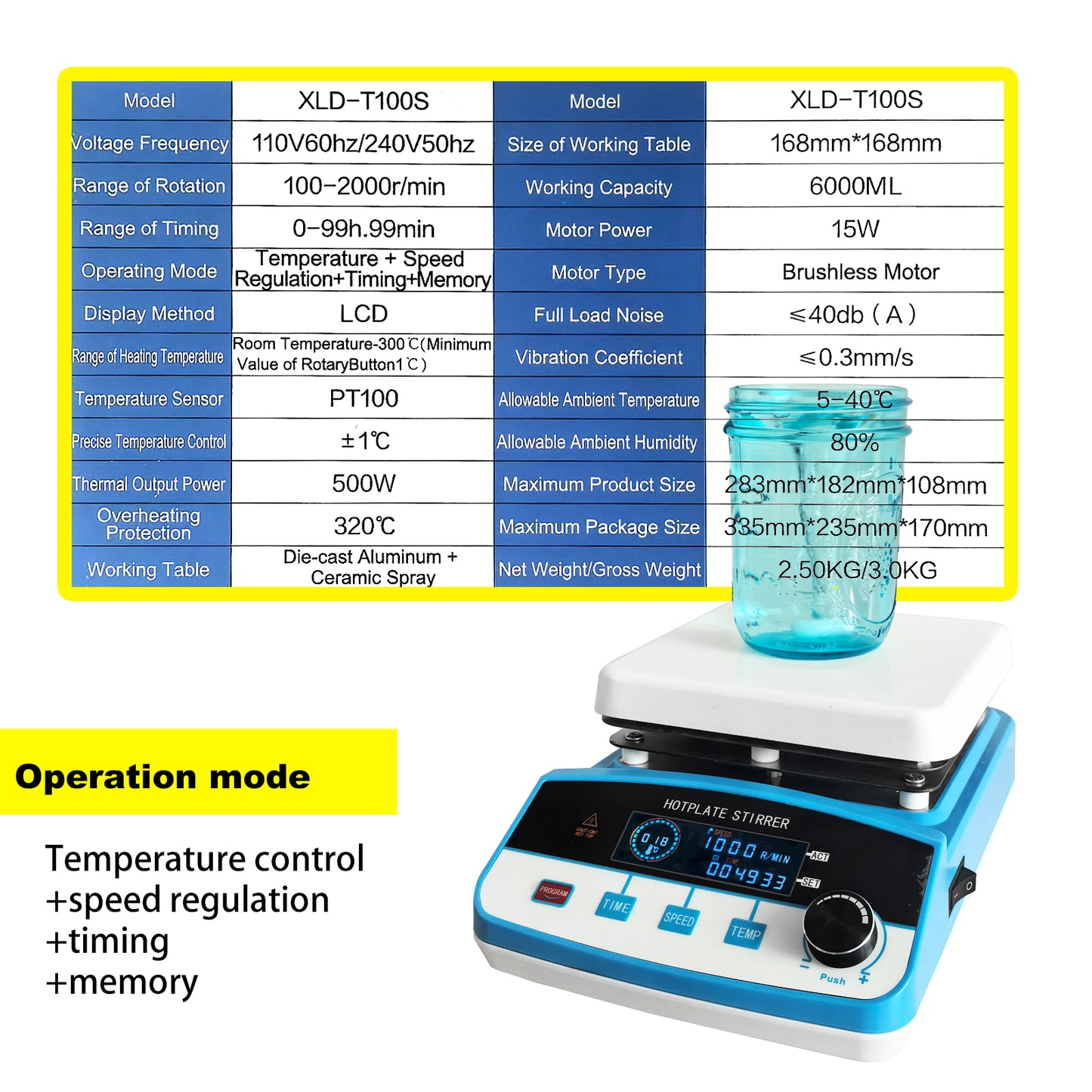 Magnetic Hotplate Stirrer 100 -2000 RPM Heating Power Hot Plate Stirrer with Casting Aluminum and Ceramic Spraying Hot Plate ,Heating Power Max 300 °C ,500W,6L