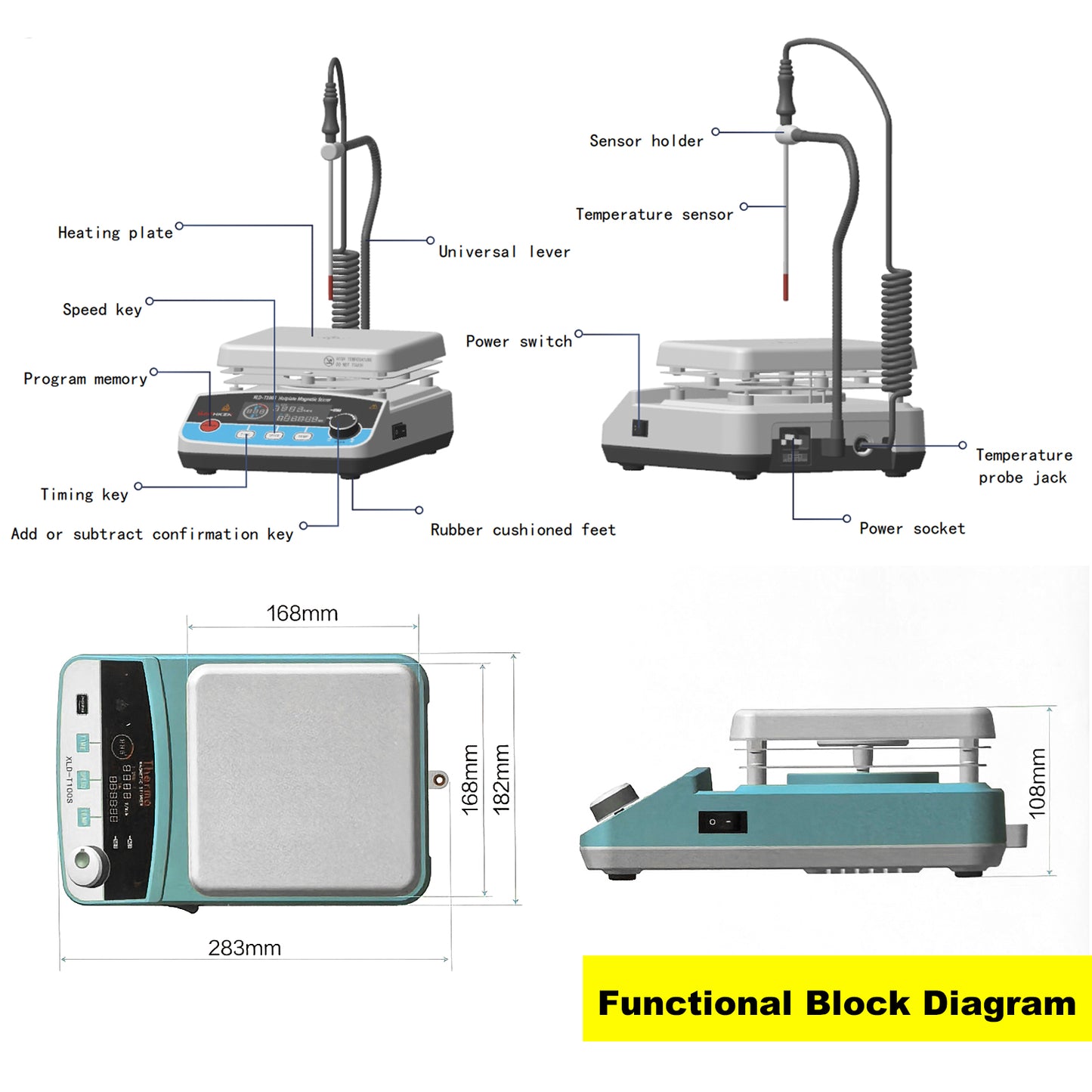 Magnetic Hotplate Stirrer 100 -2000 RPM Heating Power Hot Plate Stirrer with Casting Aluminum and Ceramic Spraying Hot Plate ,Heating Power Max 300 °C ,500W,6L
