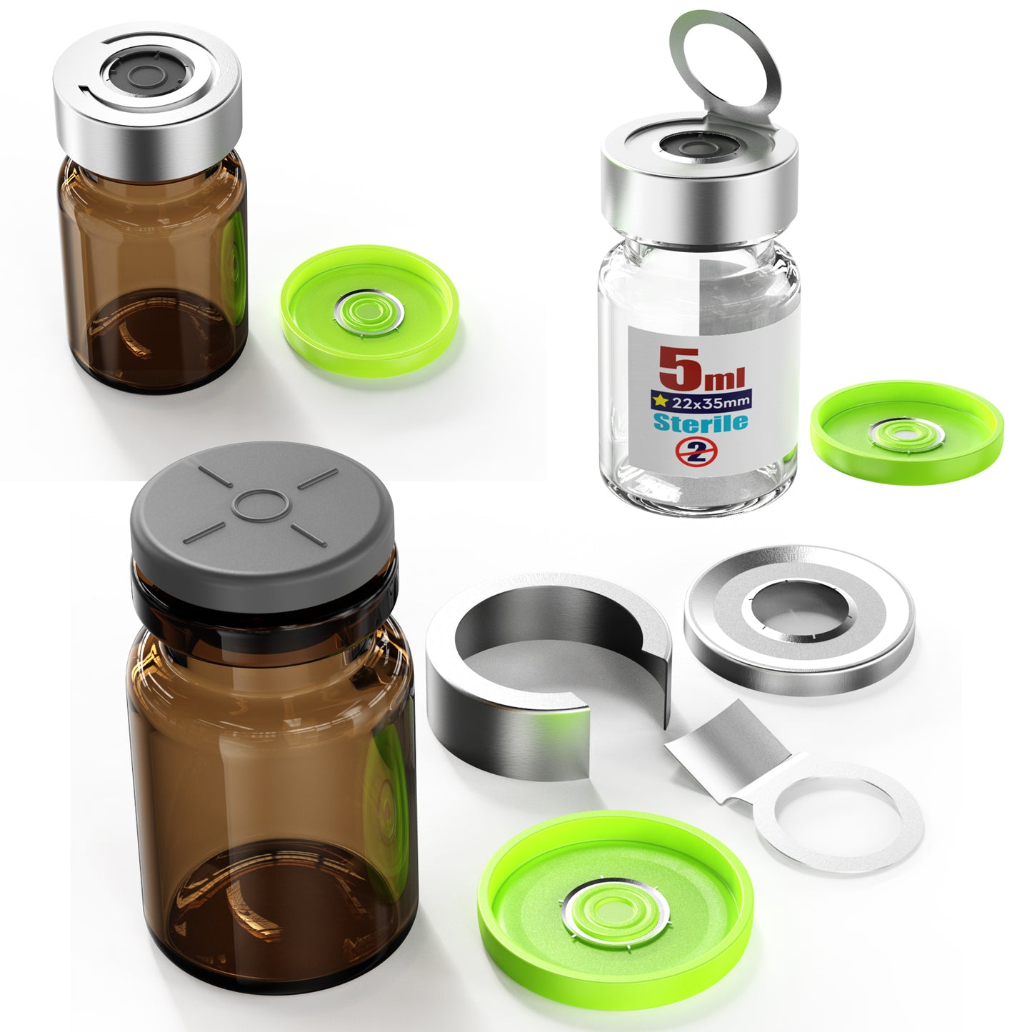 Sterile Empty Vial Sealing with 20mm Self Healing Injection Port and Burr-Free Flip Off Plastics Aluminum Cap, Glass Lab Sample Vial for Sterile Storage ,Package,10pcs
