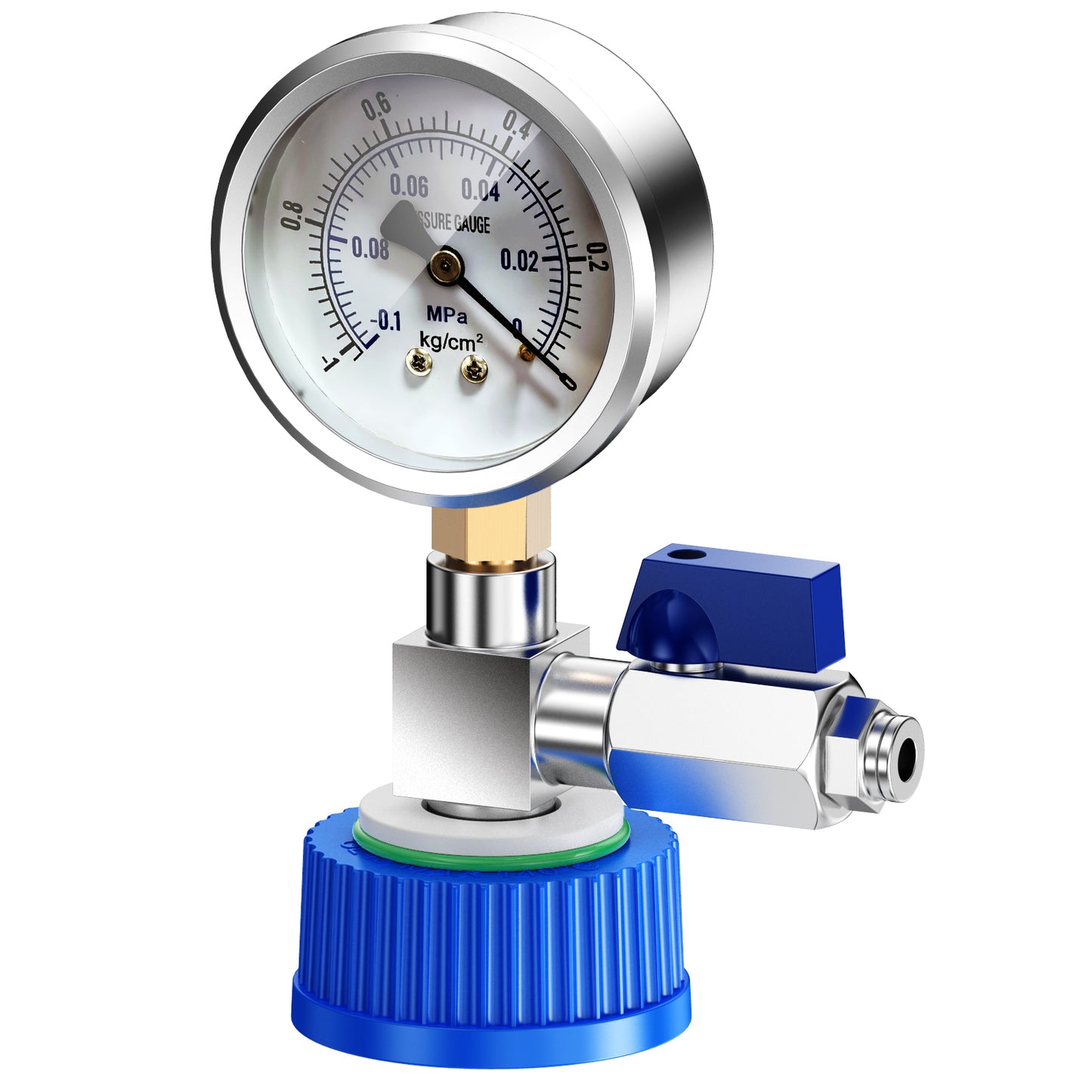 GL45 Screw Cap with Pressure Gauge, Quick Connect Air Hose Fitting and Adjustable Switch ,Blue Thread GL45 Bottle Cap for Monitor Pressure( -0.1-0MPa/-1-0KG)