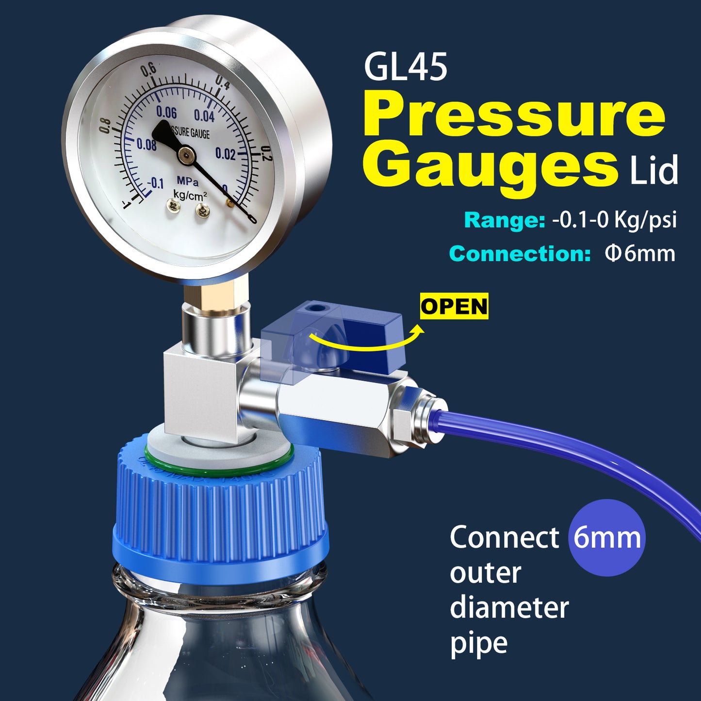 GL45 Screw Cap with Pressure Gauge, Quick Connect Air Hose Fitting and Adjustable Switch ,Blue Thread GL45 Bottle Cap for Monitor Pressure( -0.1-0MPa/-1-0KG)