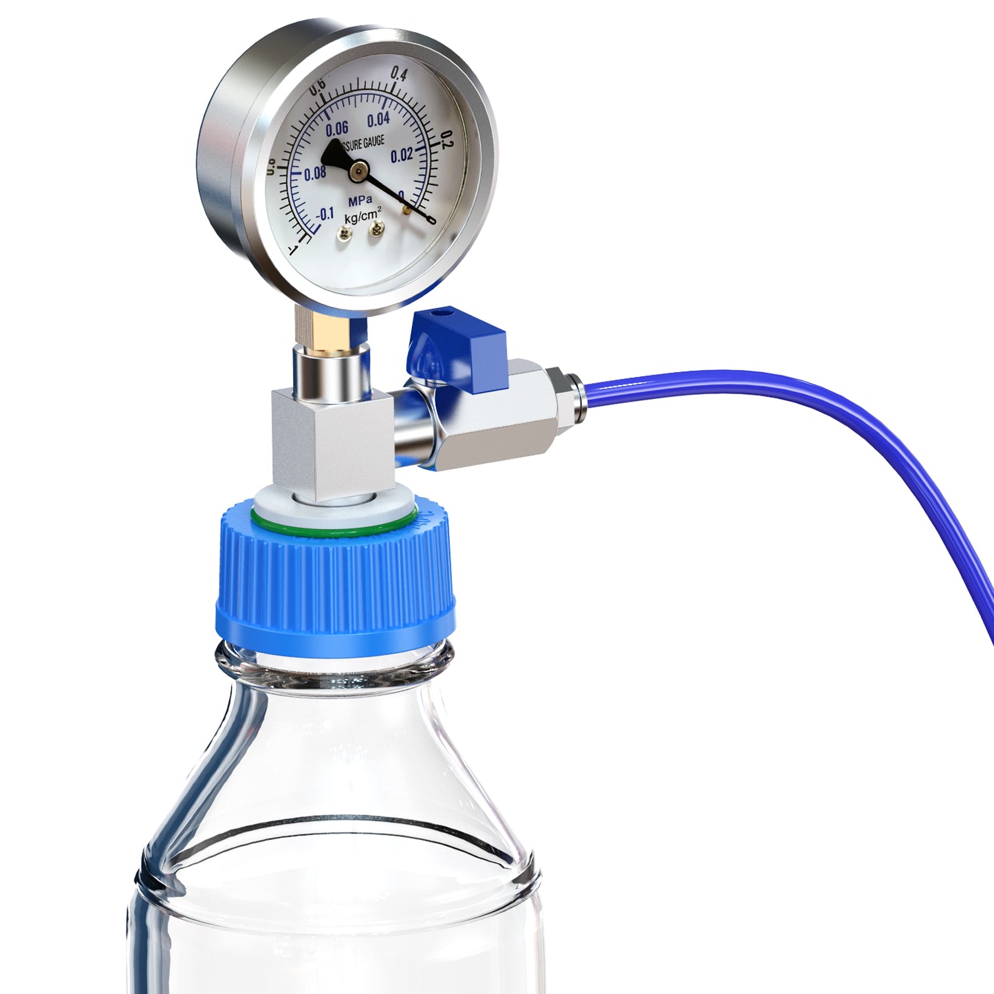 GL45 Screw Cap with Pressure Gauge, Quick Connect Air Hose Fitting and Adjustable Switch ,Blue Thread GL45 Bottle Cap for Monitor Pressure( -0.1-0MPa/-1-0KG)