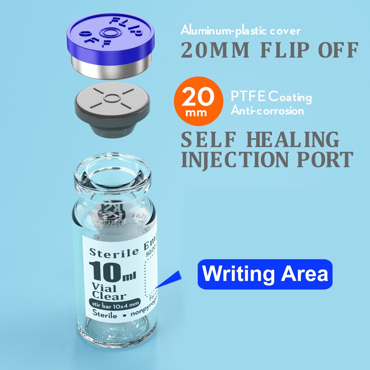 Ks-Tek Sterile Empty Vials with Self Healing Injection Port,with Flip Off Aluminum Cap,Sterile Package