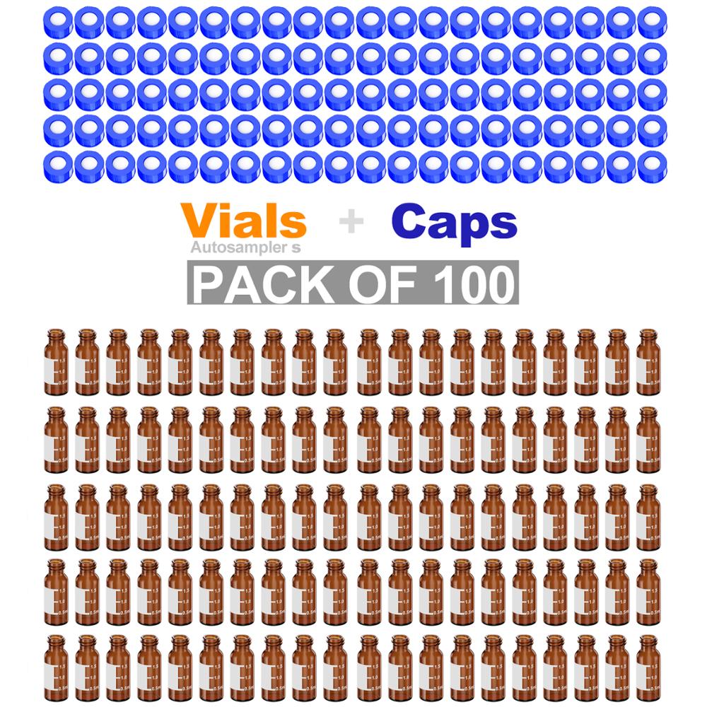 Autosampler 2ml HPLC 9-425  Amber glass vial Bottles with Write-on Spot and 9mm ABS Screw Caps & Pre-Slit Septa, Case of 100