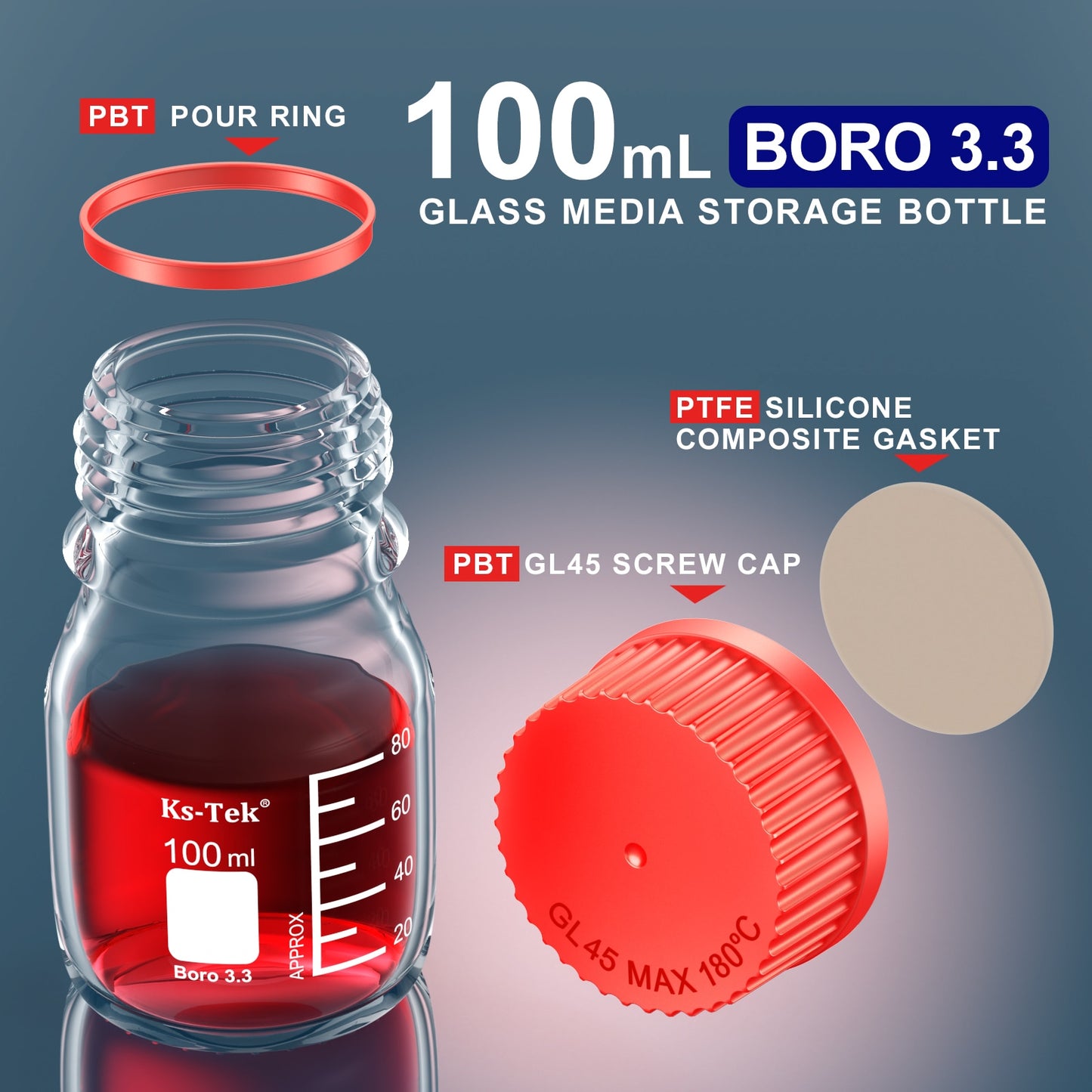 Ks-Tek GL45 Media Bottle,Borosilicate 3.3,100ml,PBT/PP Screw GL 45 Cap,PBT/PP pour ring,PTFE Silecone gasket,Pre-washed,Sterile