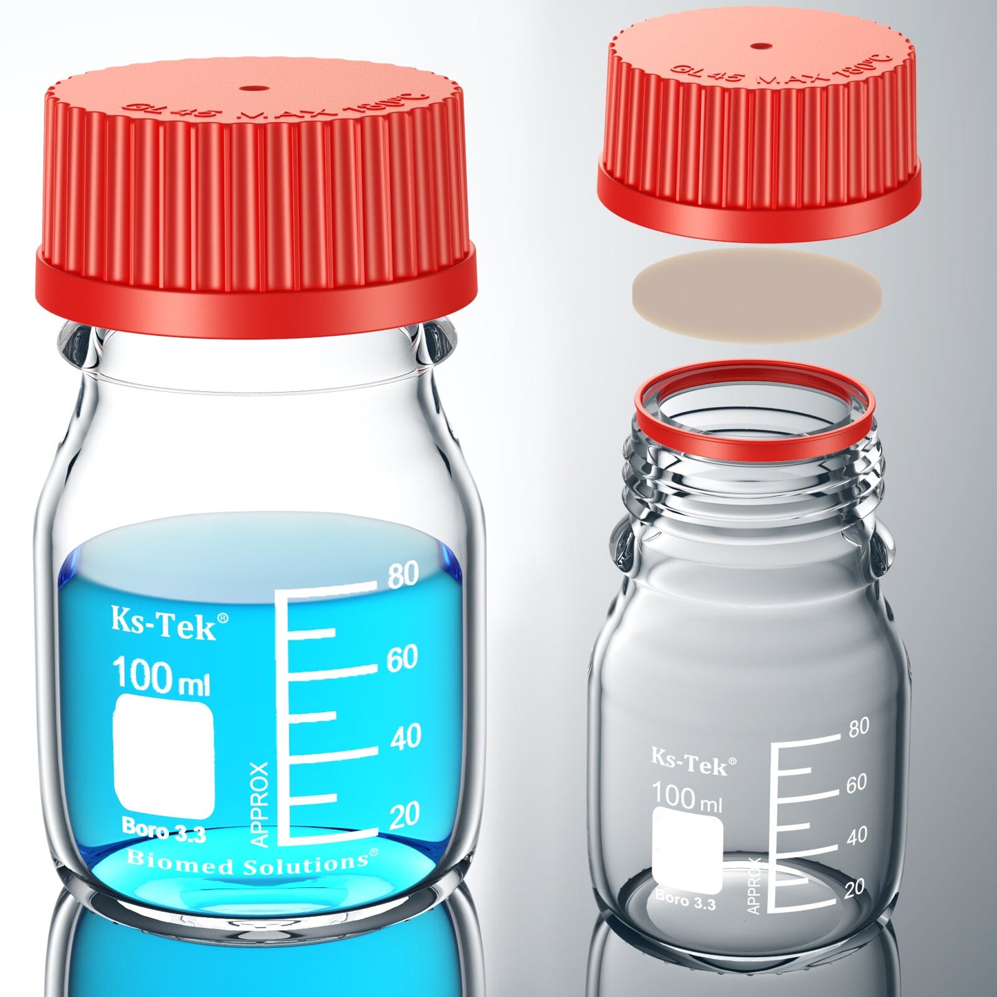 Ks-Tek GL45 Media Bottle,Borosilicate 3.3,100ml,PBT/PP Screw GL 45 Cap,PBT/PP pour ring,PTFE Silecone gasket,Pre-washed,Sterile