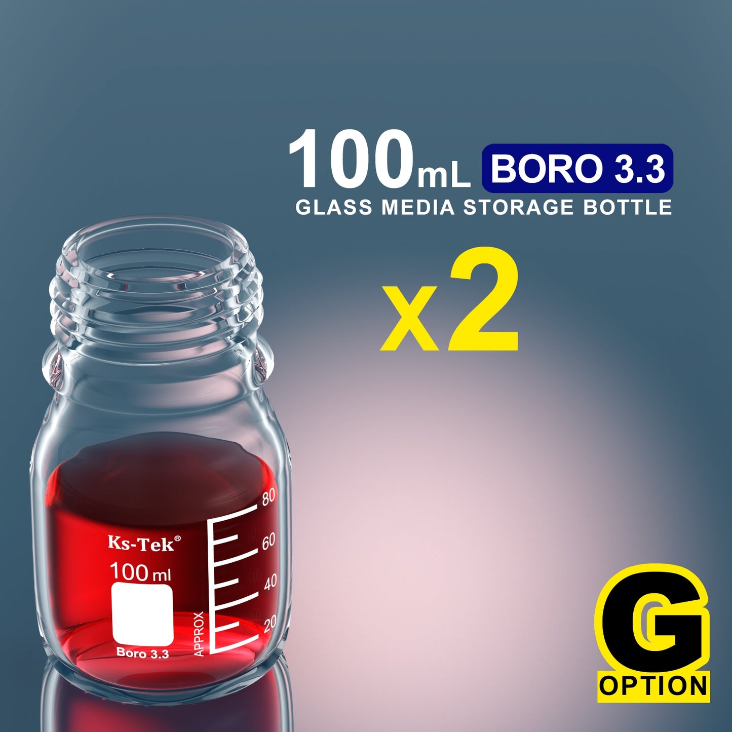 Ks-Tek GL45 Media Bottle,Borosilicate 3.3,100ml,PBT/PP Screw GL 45 Cap,PBT/PP pour ring,PTFE Silecone gasket,Pre-washed,Sterile