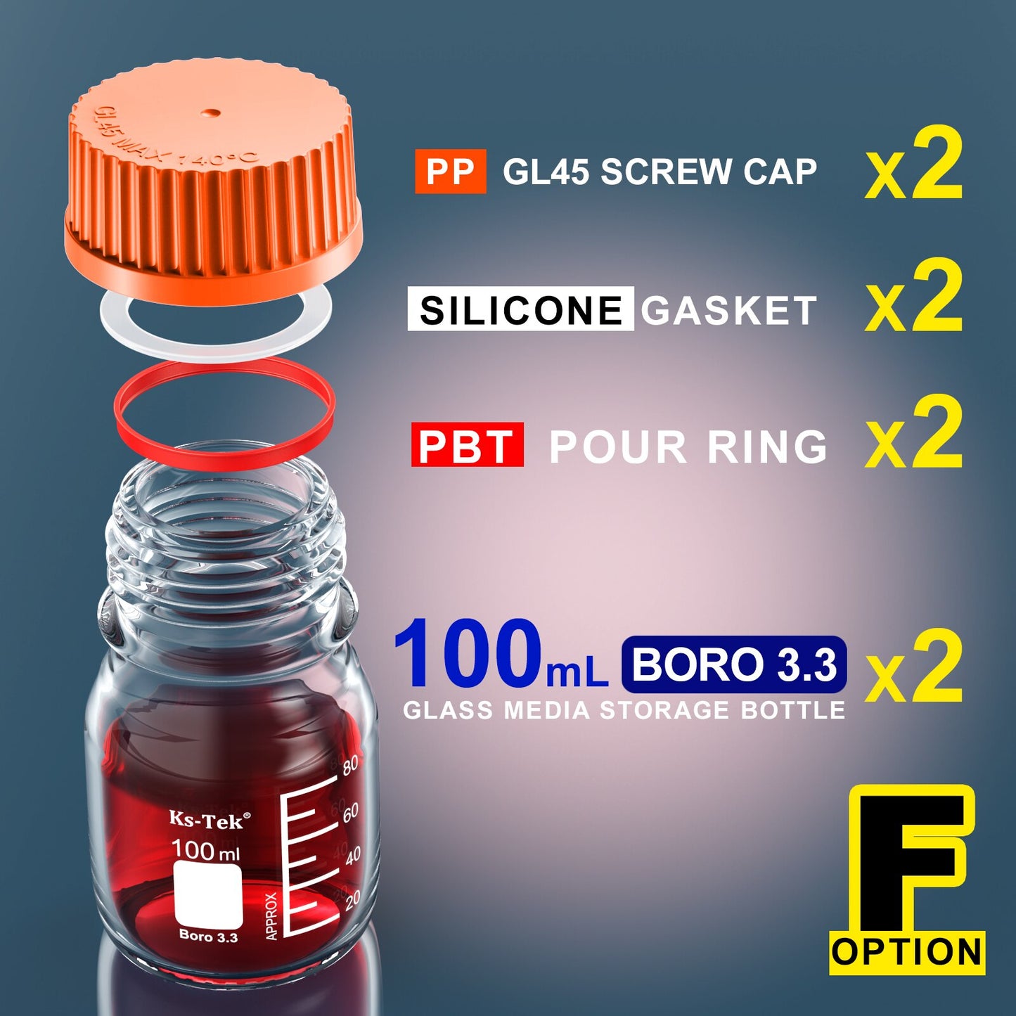 Ks-Tek GL45 Media Bottle,Borosilicate 3.3,100ml,PBT/PP Screw GL 45 Cap,PBT/PP pour ring,PTFE Silecone gasket,Pre-washed,Sterile