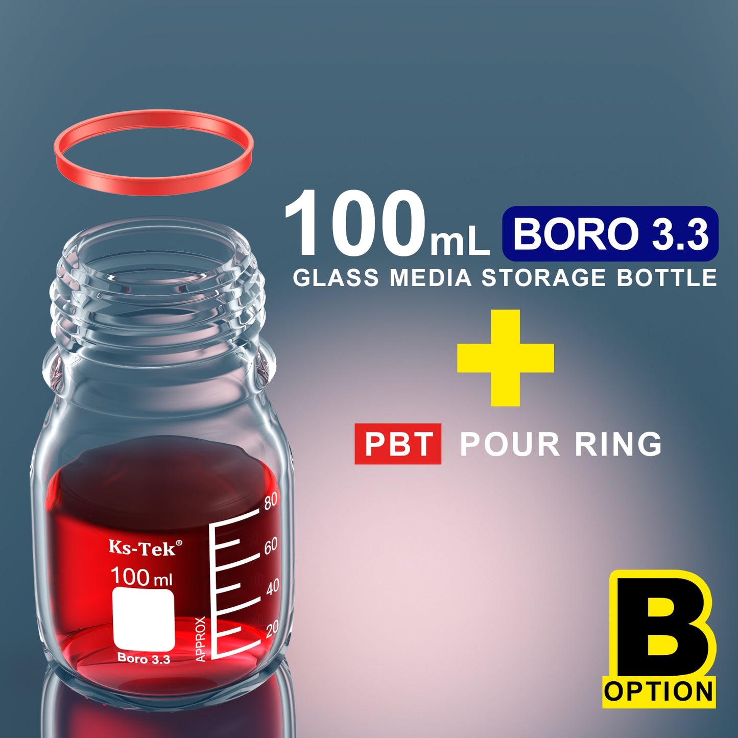 Ks-Tek GL45 Media Bottle,Borosilicate 3.3,100ml,PBT/PP Screw GL 45 Cap,PBT/PP pour ring,PTFE Silecone gasket,Pre-washed,Sterile