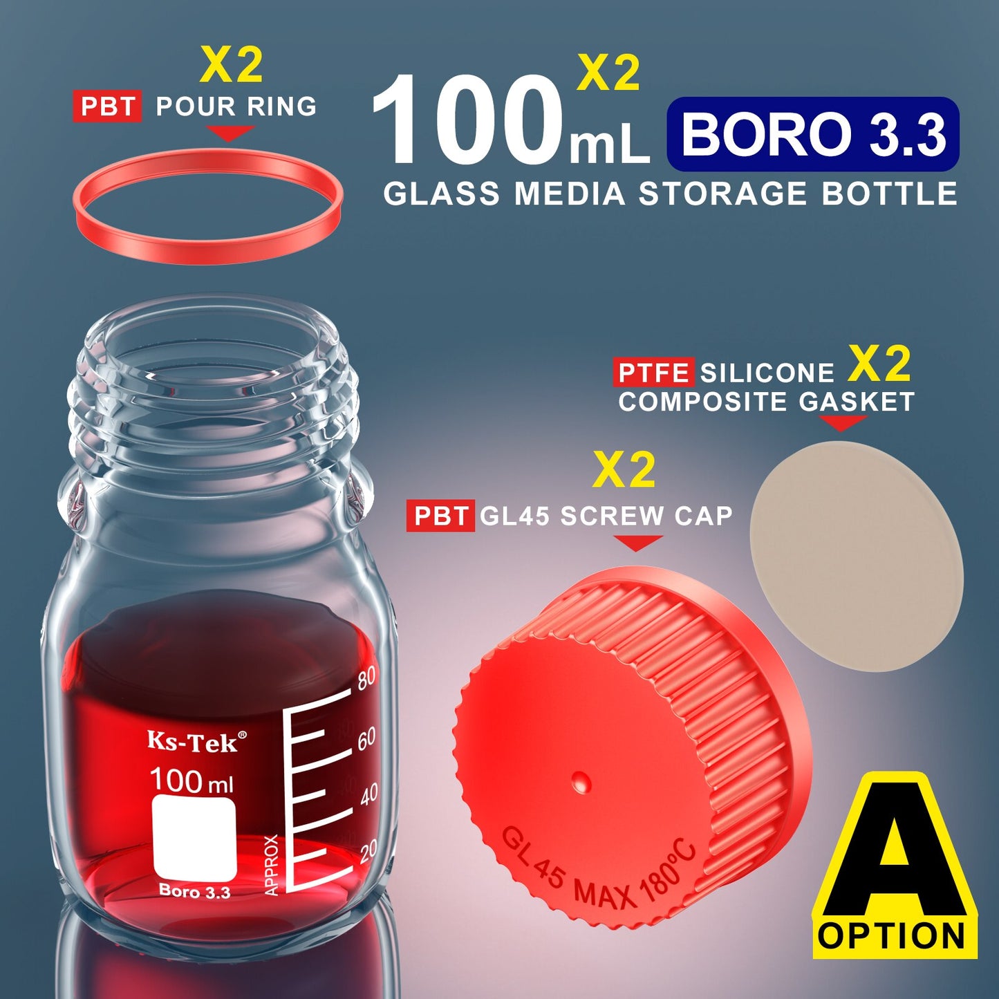 Ks-Tek GL45 Media Bottle,Borosilicate 3.3,100ml,PBT/PP Screw GL 45 Cap,PBT/PP pour ring,PTFE Silecone gasket,Pre-washed,Sterile