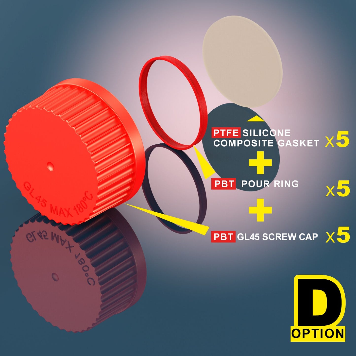 Ks-Tek GL45 Media Bottle,Borosilicate 3.3,100ml,PBT/PP Screw GL 45 Cap,PBT/PP pour ring,PTFE Silecone gasket,Pre-washed,Sterile