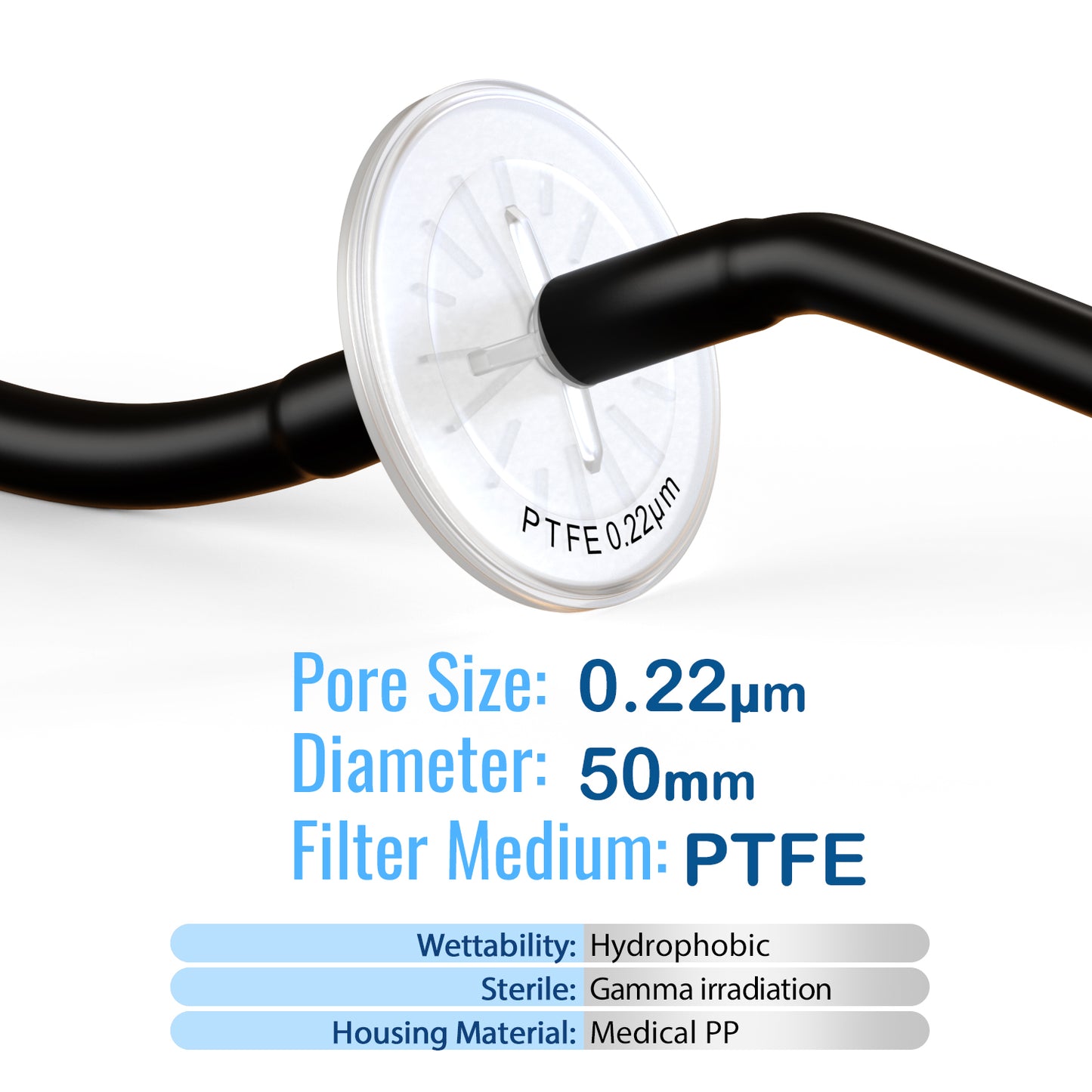 Air Venting Filter Sterile PTFE Hydrophobic Filter Disc 50mm 0.22μm with 9mm-13mm Stepped Hose and Barb Female Luer for Air Filtration, Individually Packed