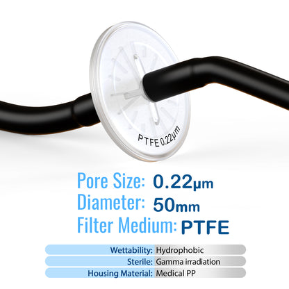 Air Venting Filter Sterile PTFE Hydrophobic Filter Disc 50mm 0.22μm with 9mm-13mm Stepped Hose and Barb Female Luer for Air Filtration, Individually Packed