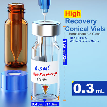 High Recovery Vials Clear Limited Volume Snap Ring Vials Vial with Blue Screw Cap, Conical Well for Maximum Retrieval,6pcs