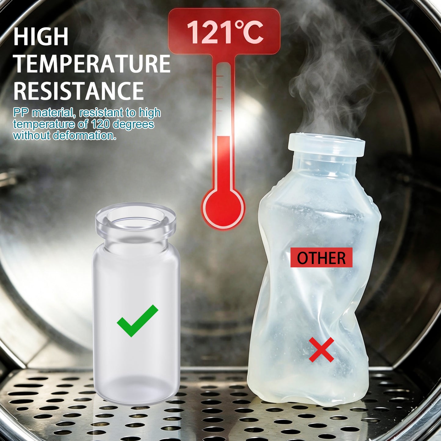 PP(Polypropylene) Sterile Vial with Butyl Rubber Stopper and Aluminum Flip-Off Lid, Plastic Small Bottle Autoclavable at 121°C for Sample Storage,10pcs