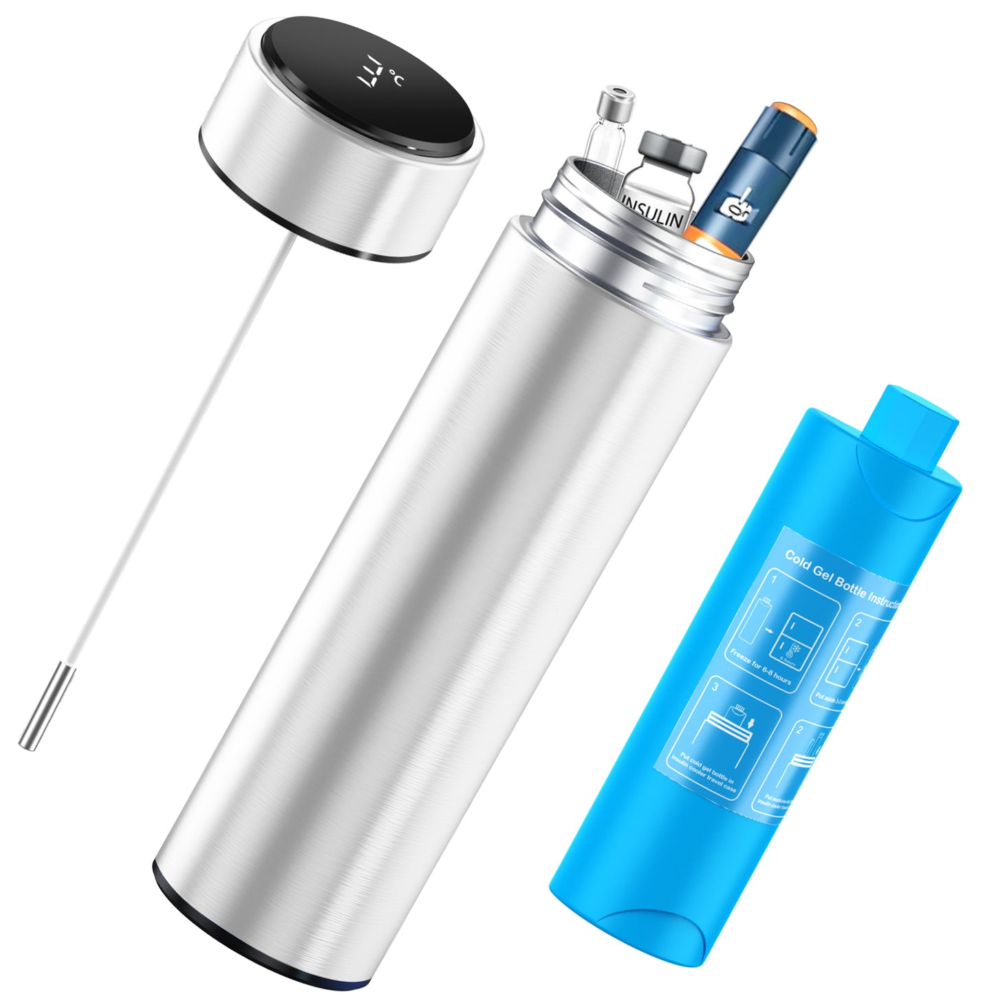 Insulin Cooler Travel Case, 60H- Reusable Cooler with Temperature Probe and Display Screen for Insulin Pens, Long Trips Lightweight Design Thermos,1pcs
