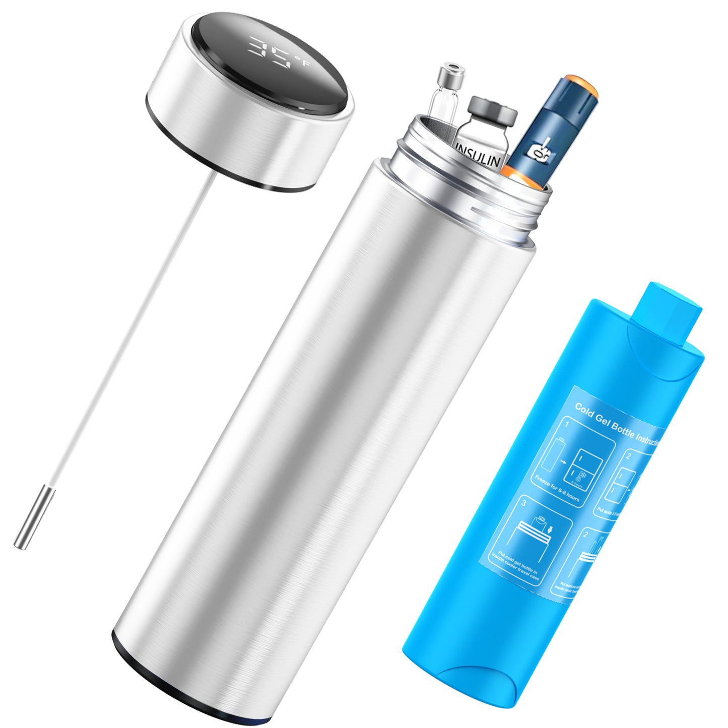 Insulin Cooler Travel Case, 60H- Reusable Cooler with Temperature Probe and Display Screen for Insulin Pens, Long Trips Lightweight Design Thermos,1pcs