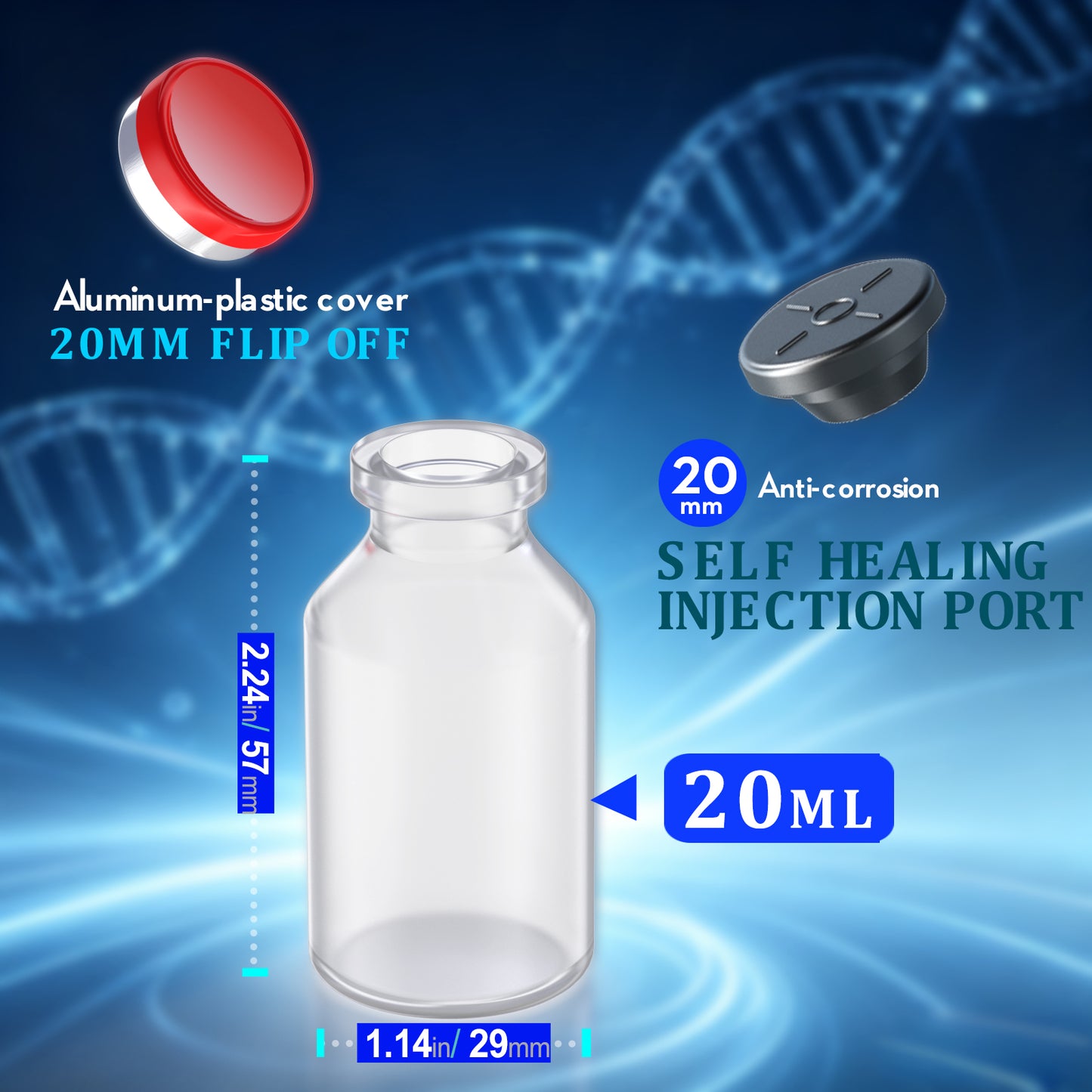 PP(Polypropylene) Sterile Vial with Butyl Rubber Stopper and Aluminum Flip-Off Lid, Plastic Small Bottle Autoclavable at 121°C for Sample Storage,10pcs