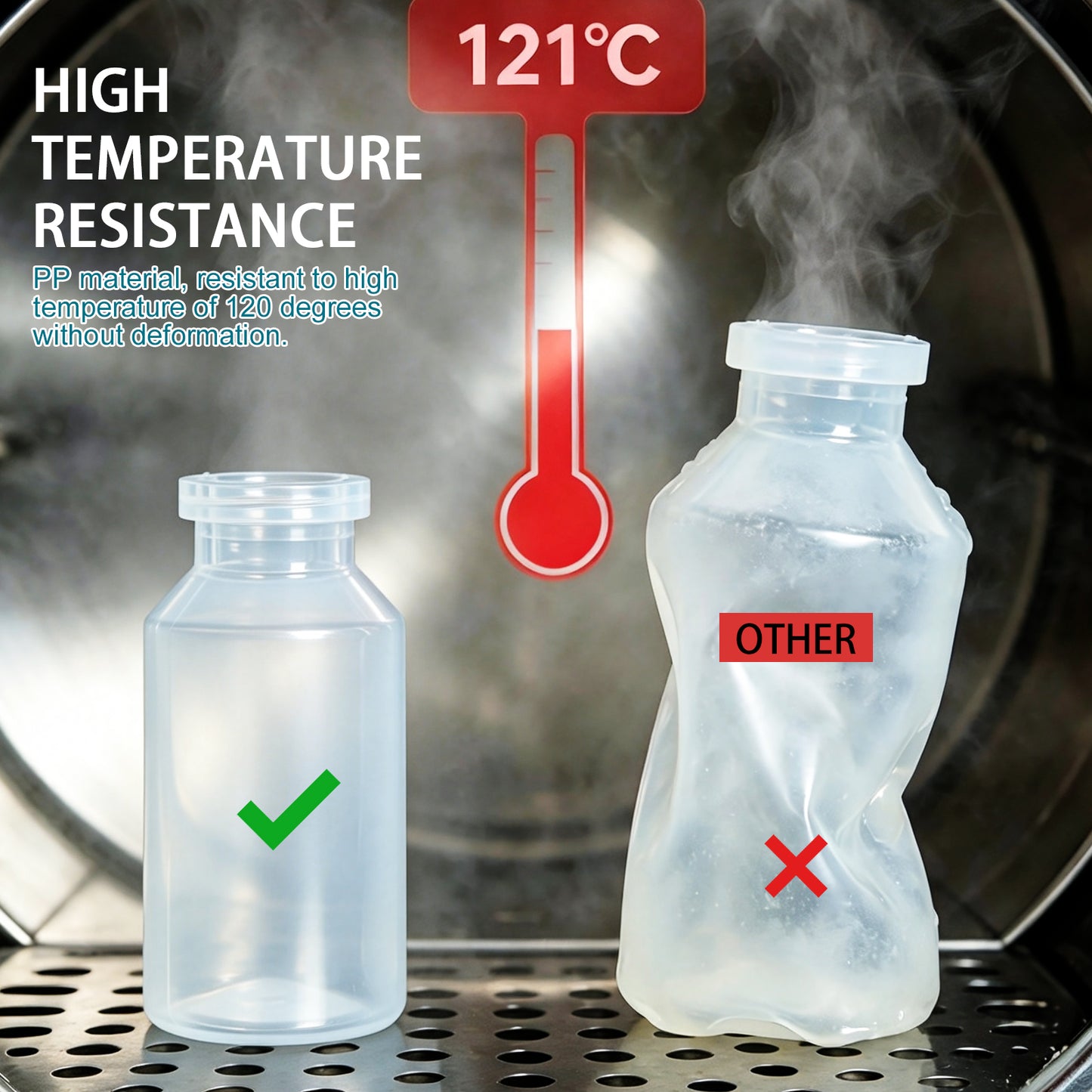 PP(Polypropylene) Sterile Vial with Butyl Rubber Stopper and Aluminum Flip-Off Lid, Plastic Small Bottle Autoclavable at 121°C for Sample Storage,10pcs