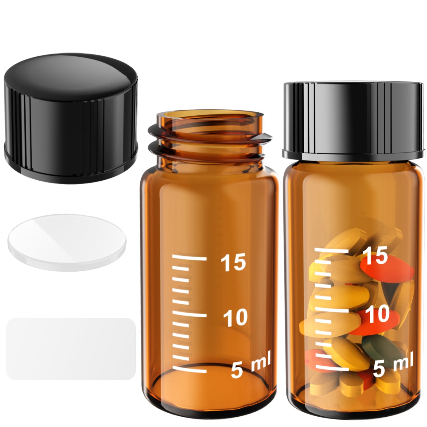 Sterile Glass Vials with Black/White Screw Cap White Graduation Leak Proof Great for Liquid Dividing,Powder Storage ,Pill Case,Amber,Clear