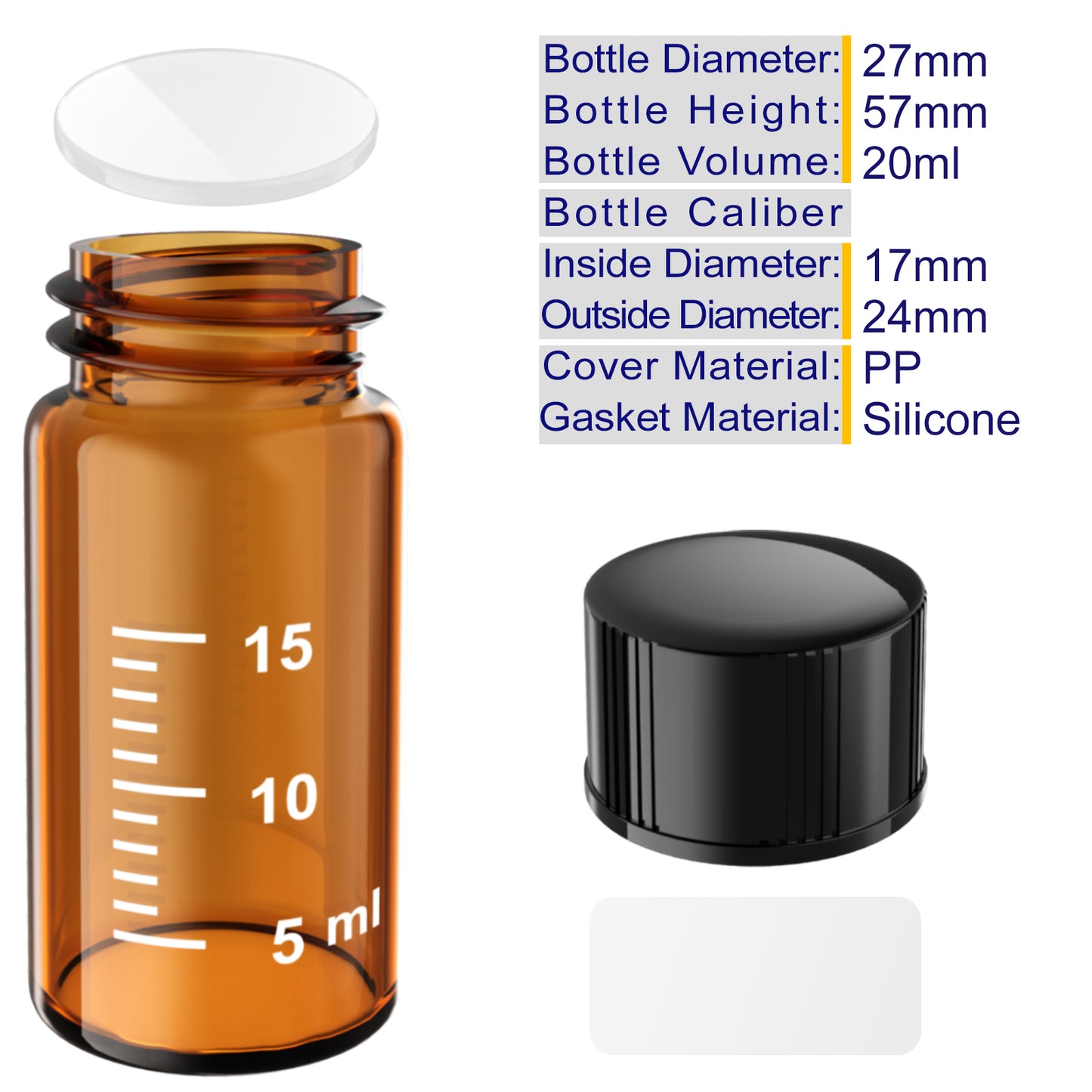 Sterile Glass Vials with Black/White Screw Cap White Graduation Leak Proof Great for Liquid Dividing,Powder Storage ,Pill Case,Amber,Clear