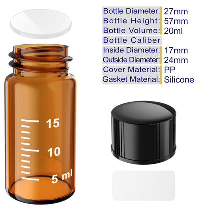 Sterile Glass Vials with Black/White Screw Cap White Graduation Leak Proof Great for Liquid Dividing,Powder Storage ,Pill Case,Amber,Clear