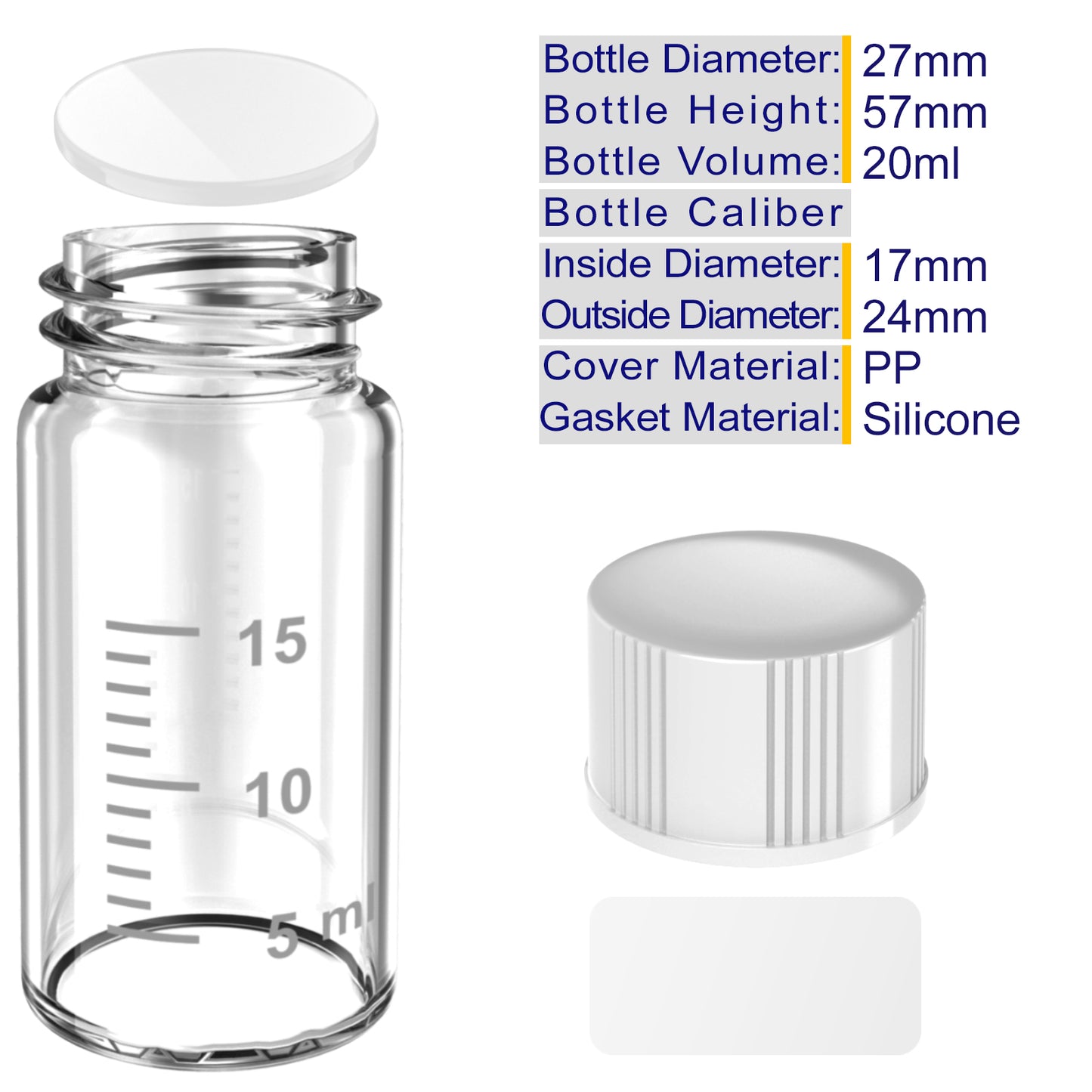 Sterile Glass Vials with Black/White Screw Cap White Graduation Leak Proof Great for Liquid Dividing,Powder Storage ,Pill Case,Amber,Clear