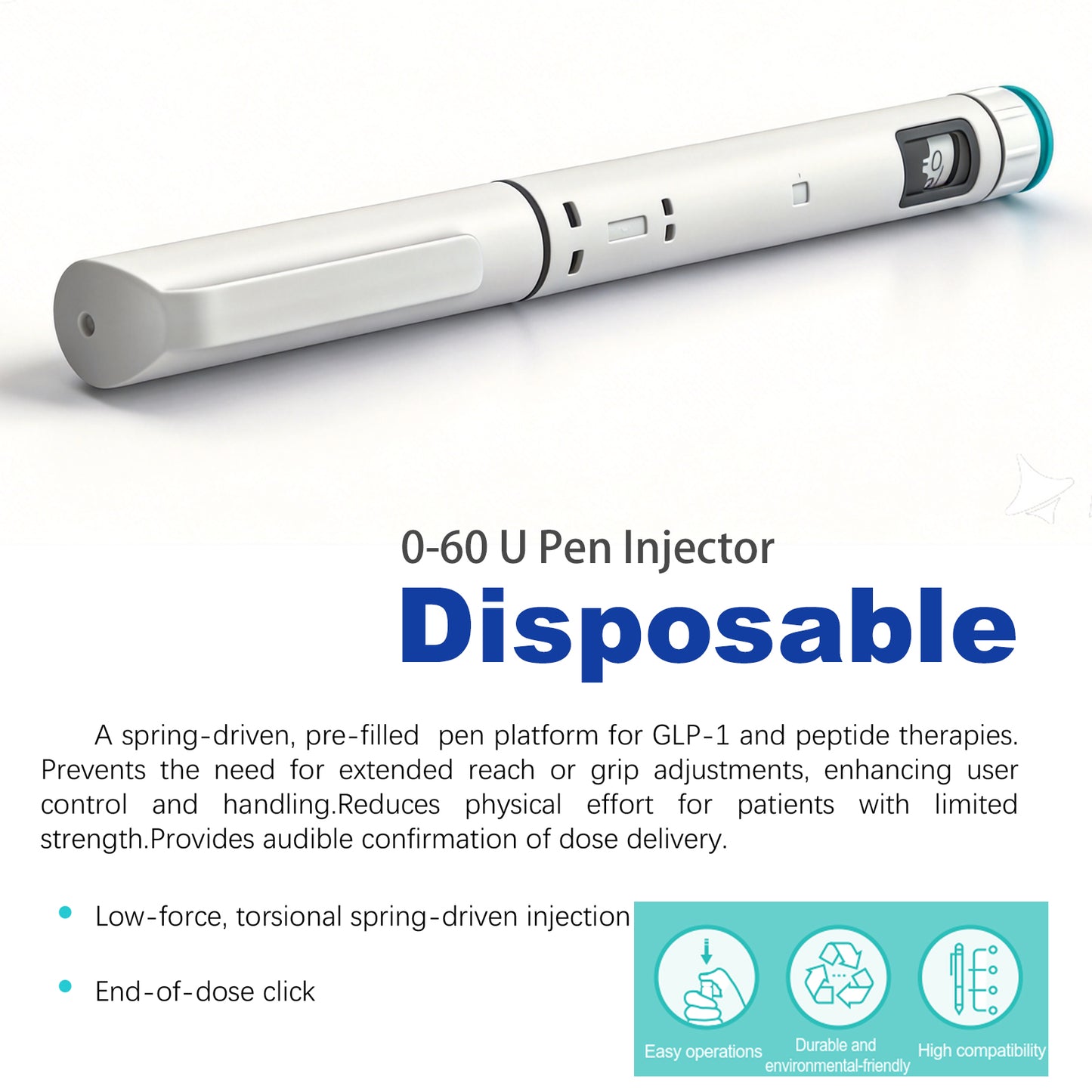 60 Unit Disposable Pen Injector Adjustable Dose Dial,Delivery Pen Compatible with 1.5/1.8/3mL Cartridges,1pcs