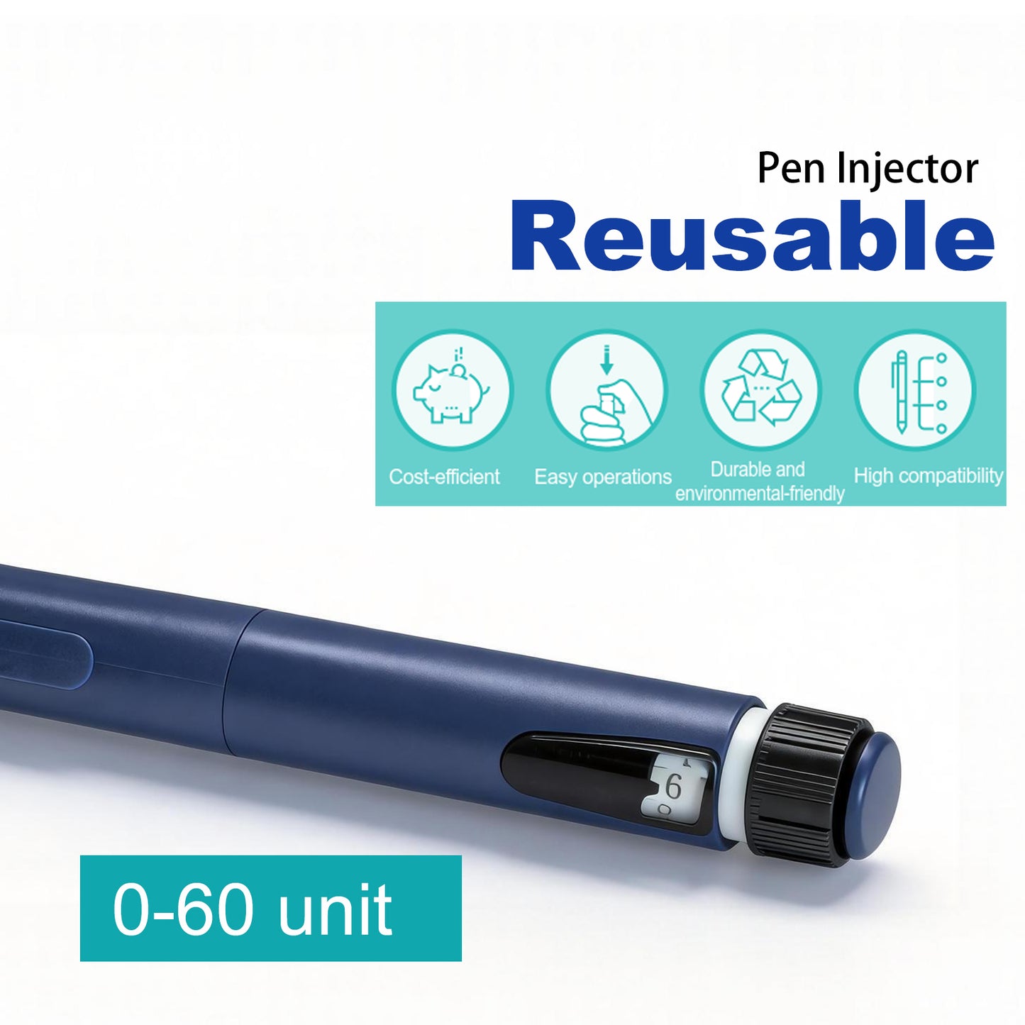 60 Unit Reusable Pen Injector Adjustable Dose Dial,Compatible with 1.5/1.8/3mL Cartridges,1pcs