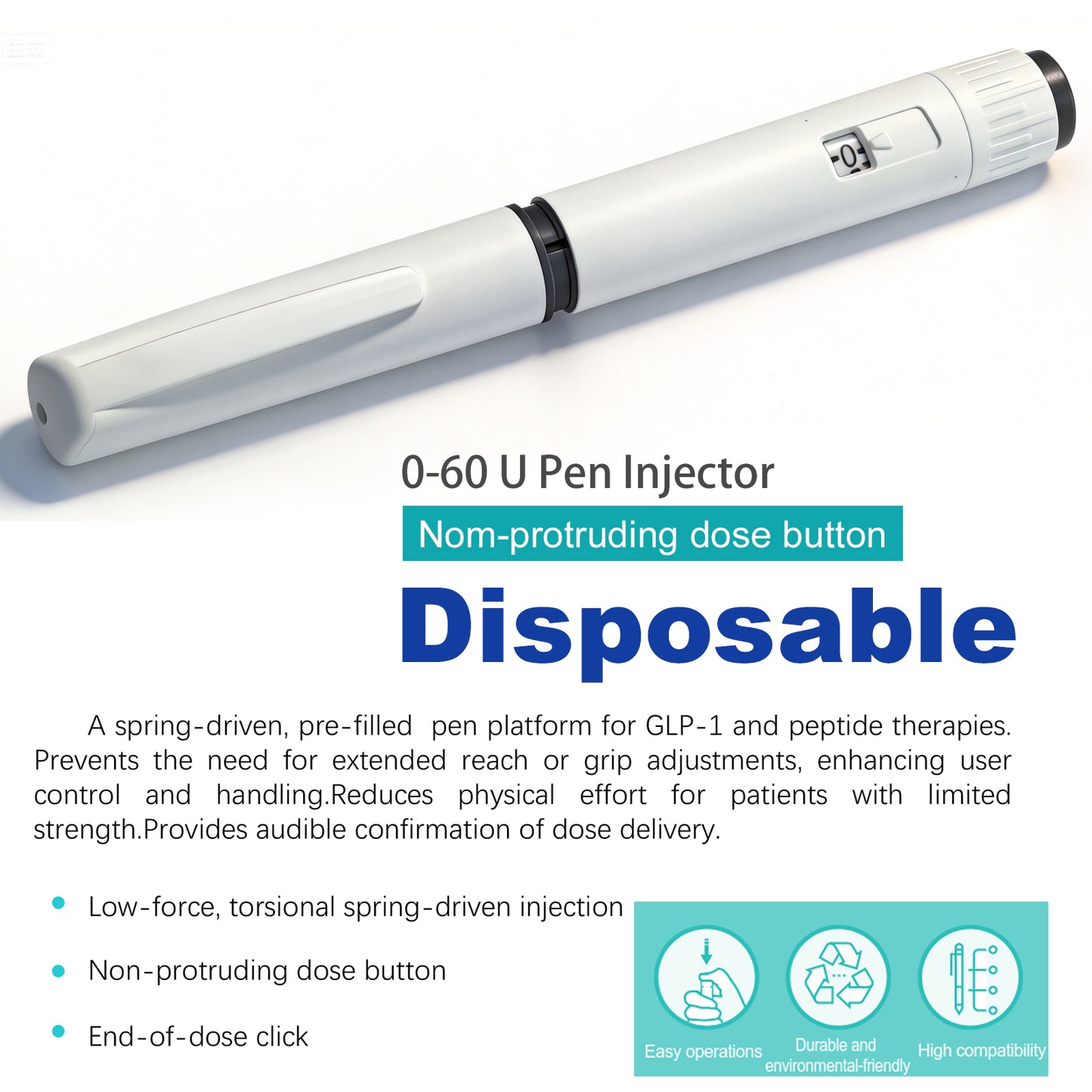 60 Unit Disposable Pen Injector Adjustable Dose Dial,Delivery Pen Compatible with 1.5/1.8/3mL Cartridges,1pcs