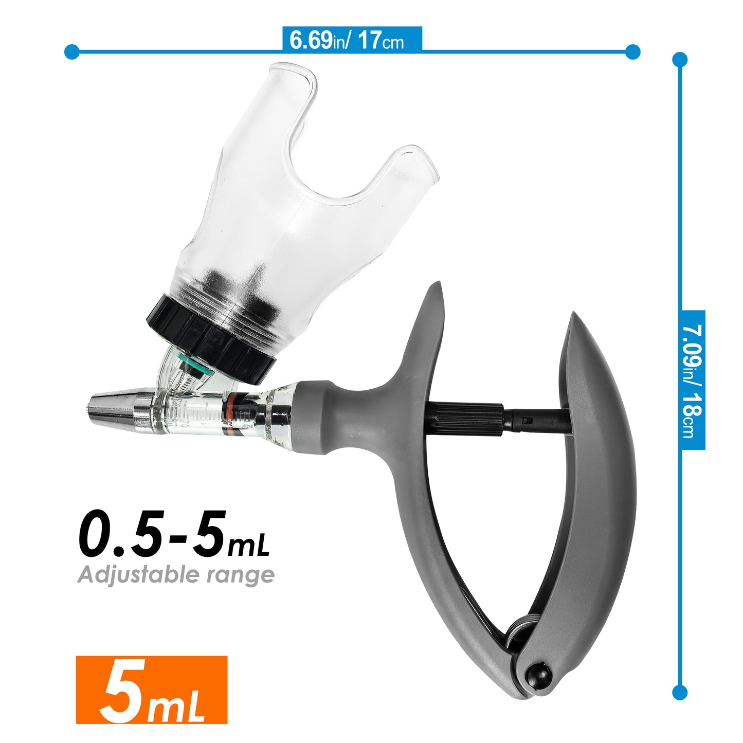 Veterinary Automatic Continuous Syringe with Anti-Slip Handle, Fully Disassemblable, Self-Refilling Livestock Syringe for Use on Cattle, Sheep, Pigs, and Farms,0.1–2 ml / 0.5–5 ml (No Needles),1pcs