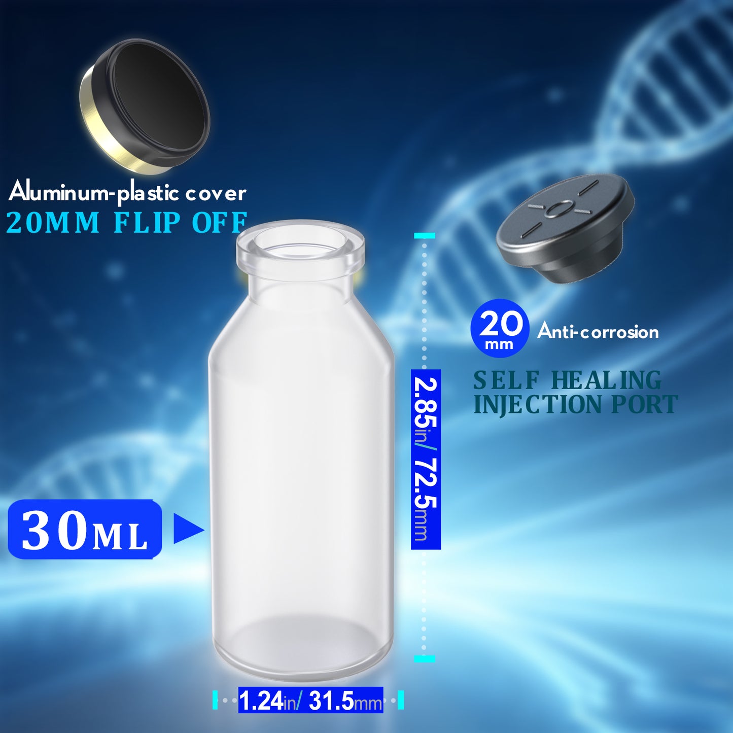 PP(Polypropylene) Sterile Vial with Butyl Rubber Stopper and Aluminum Flip-Off Lid, Plastic Small Bottle Autoclavable at 121°C for Sample Storage,10pcs