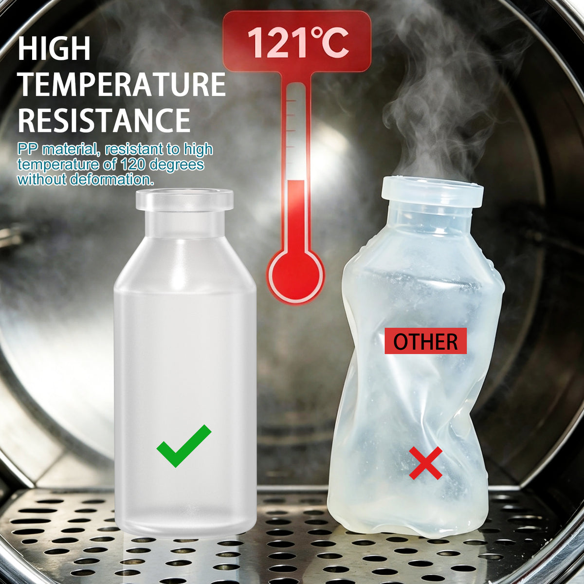 PP(Polypropylene) Sterile Vial with Butyl Rubber Stopper and Aluminum Flip-Off Lid, Plastic Small Bottle Autoclavable at 121°C for Sample Storage,10pcs