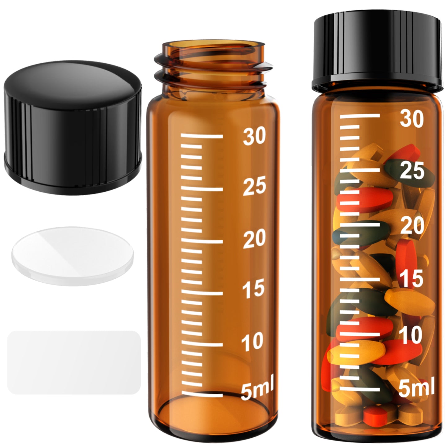 Sterile Glass Vials with Black/White Screw Cap White Graduation Leak Proof Great for Liquid Dividing,Powder Storage ,Pill Case,Amber,Clear